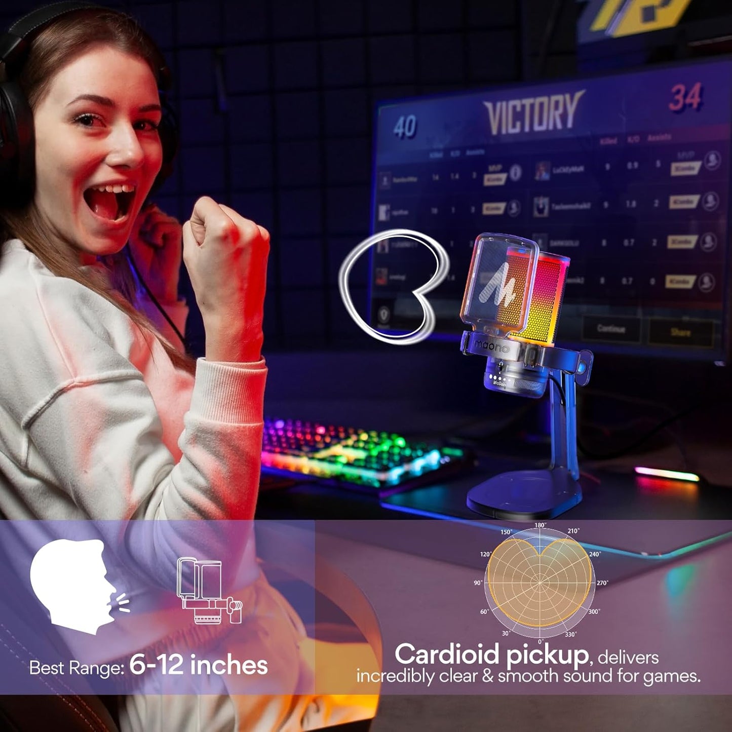 MAONO Gaming USB Microphone for PC with Noise Cancellation, Computer RGB Condenser Mic for Streaming Discord Twitch YouTube Podcast Online Chat PS4 PS5, GamerWave DGM20