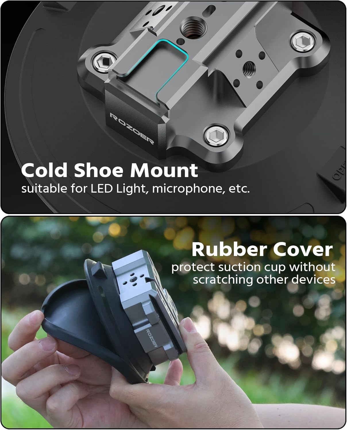 6" Suction Cup Camera Mount – Car, Windshield & Dash Cam Mount with Cold Shoe, NATO Rail, 1/4"-20 & 3/8-16 Threads (6”)