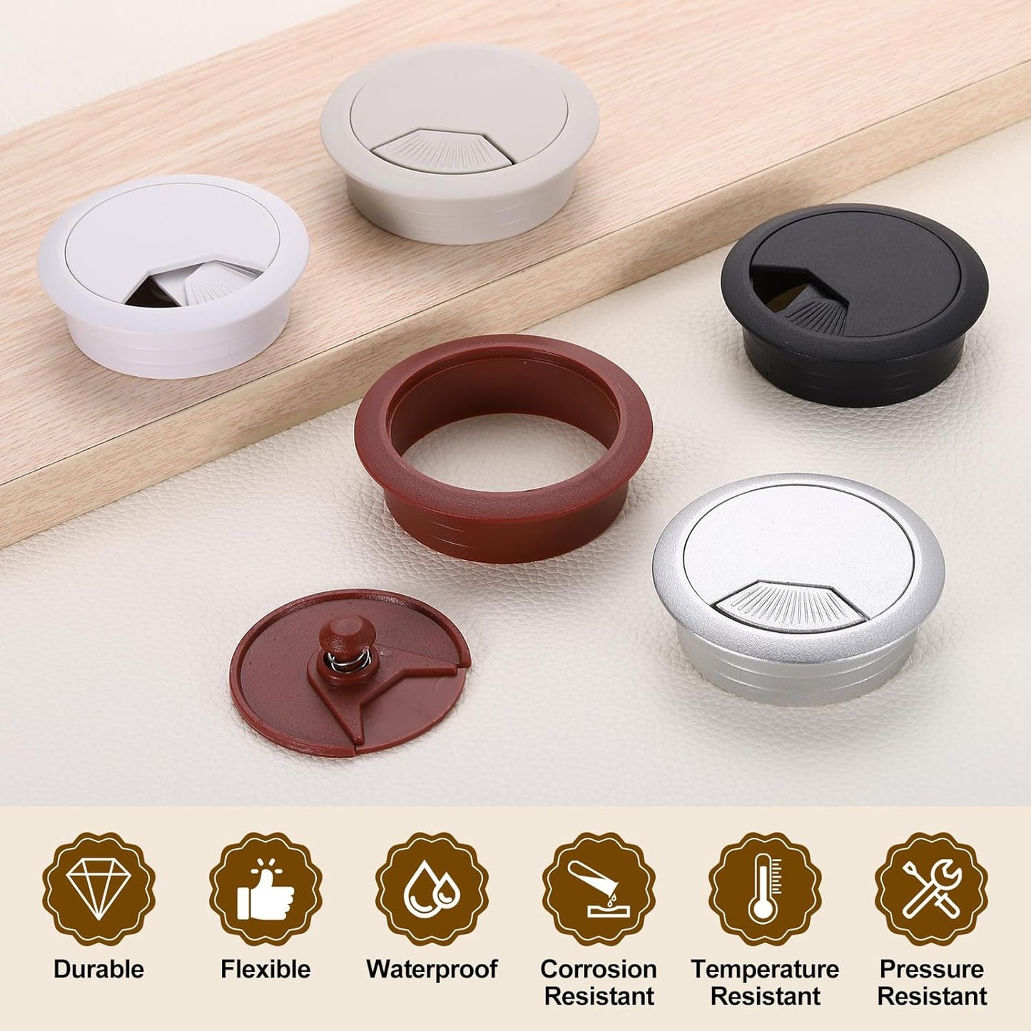 uxcell 6 Pcs 80mm (3.15 Inch) Desk Grommet, Plastic Cable Hole Cover, Wire Cord Cable Organizer for Home Office Computer Desk Cabinet, Brown