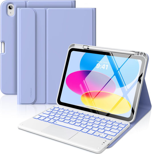MoKo iPad 11th/10th Generation Case with Keyboard 2025/2024, 7 Colors Backlight & Multi-Touch Trackpad, Detachable Keyboard Folio Stand Cover with Pencil Holder, Lavender Purple