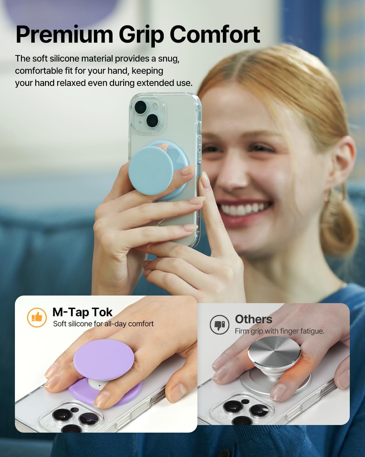 Sinjimoru for MagSafe Phone Grip, Soft Silicone Magnetic Finger Grip for iPhone 16/15/14/13/12, Comfortable One-Touch Holding, M-Tap Tok Lavender