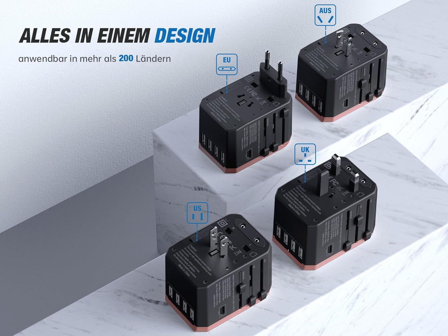 EPICKA Universal Travel Adapter, European Travel Plug Adapter - International Power Adapter Worldwide Charger with USB-C & 4 USB-A Ports, Travel Essentials for Italy, UK, Japan (TA-105, Rose Gold)