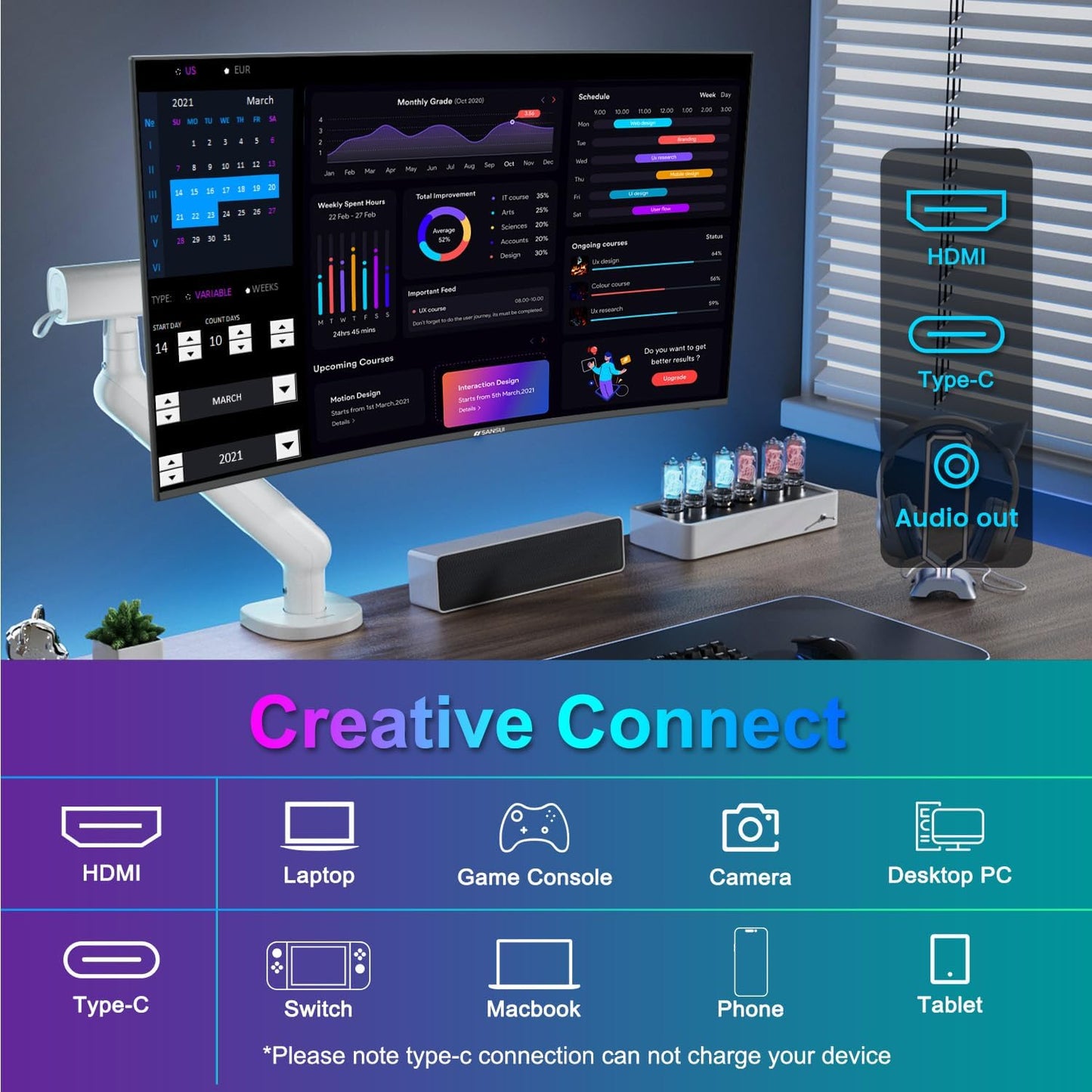 SANSUI Curved Monitor 24 inch 100Hz USB Type-C Computer Monitor with Built-in Speakers- MPRT 1ms,Adaptive Sync,HDR,1500R,VESA 75x75mm Compatible, for Home and Office(ES-24C1)