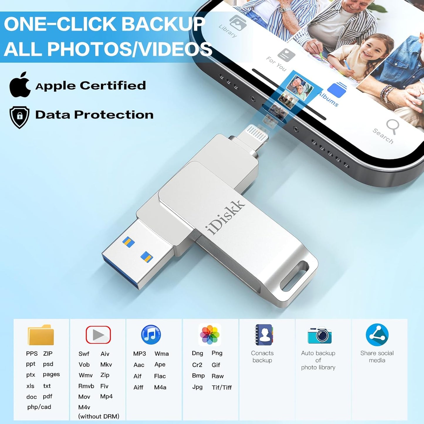 iDiskk 256GB iPhone Photo Storage Stick MFi Certified Flash Drive Photo Stick for iPhone (14/13/12/12 pro/12 pro max/11/11 Pro/XR/X) Flashdrive for iPhone iPad MacBook/Laptops/PC for Photos Videos