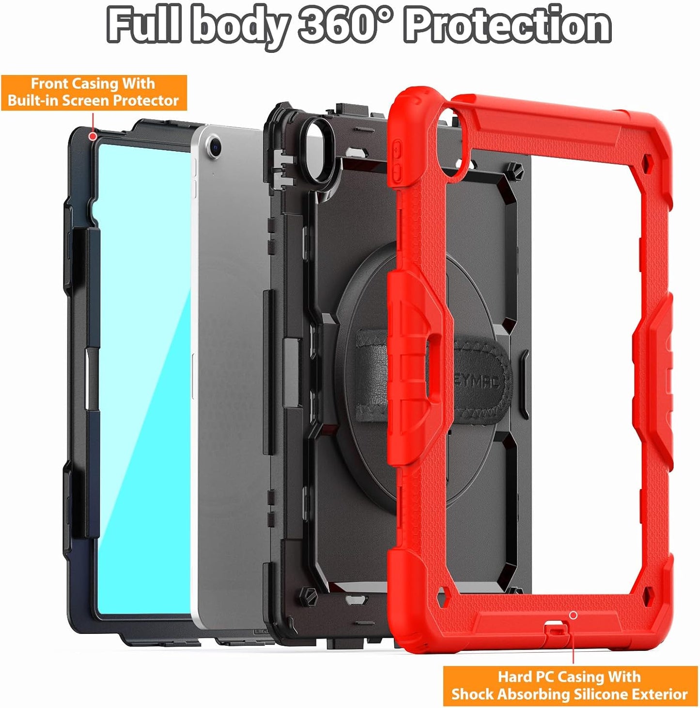 SEYMAC for iPad Air 13 Inch Case M3 2025/ M2 2024, Heavy Duty Shockproof Protective Case with Screen Protector, Rotating Stand, Hand/Shoulder Strap and Pen Holder for iPad Air 13, Red