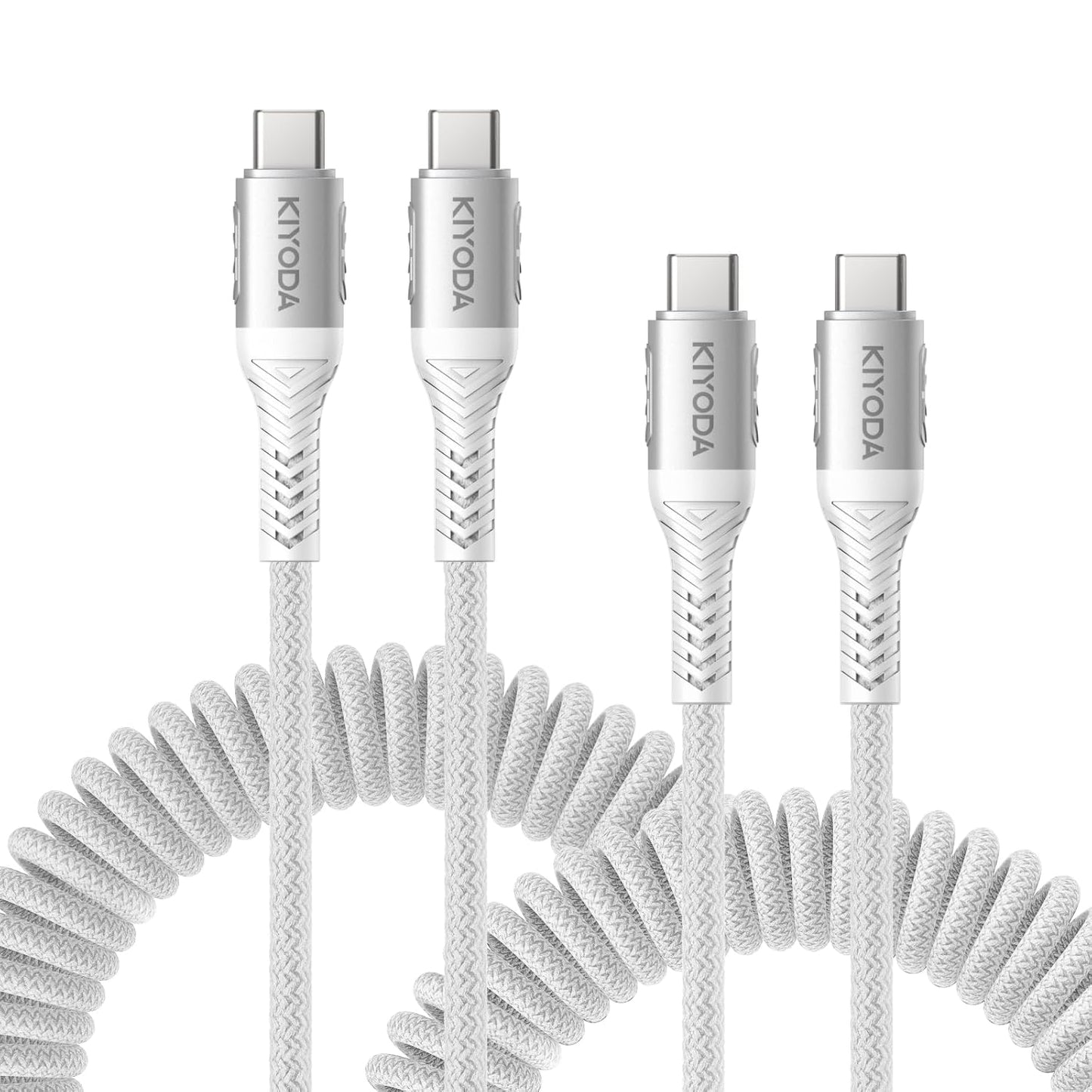 USB C to C Cable 6ft for Car, Coiled Braided USB Type C Cable 66W Fast Charging Cord USBC Cables Compatible with iPhone 17 16 15 Pro Max, iPad, Samsung Galaxy, Google Pixel Phones-Silver 2Pack