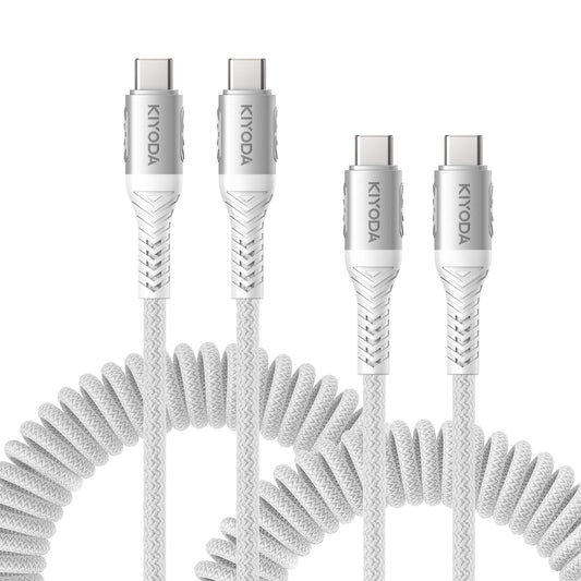 Coiled USB C to C Cable for Car 3ft,2Pack Braided USB Type C Cable for Car 66W Fast Charging Cord Compatible with iPhone 17 16 15, iPad, Samsung Galaxy, Google Pixel, Moto, LG, TCL Phones-Silver