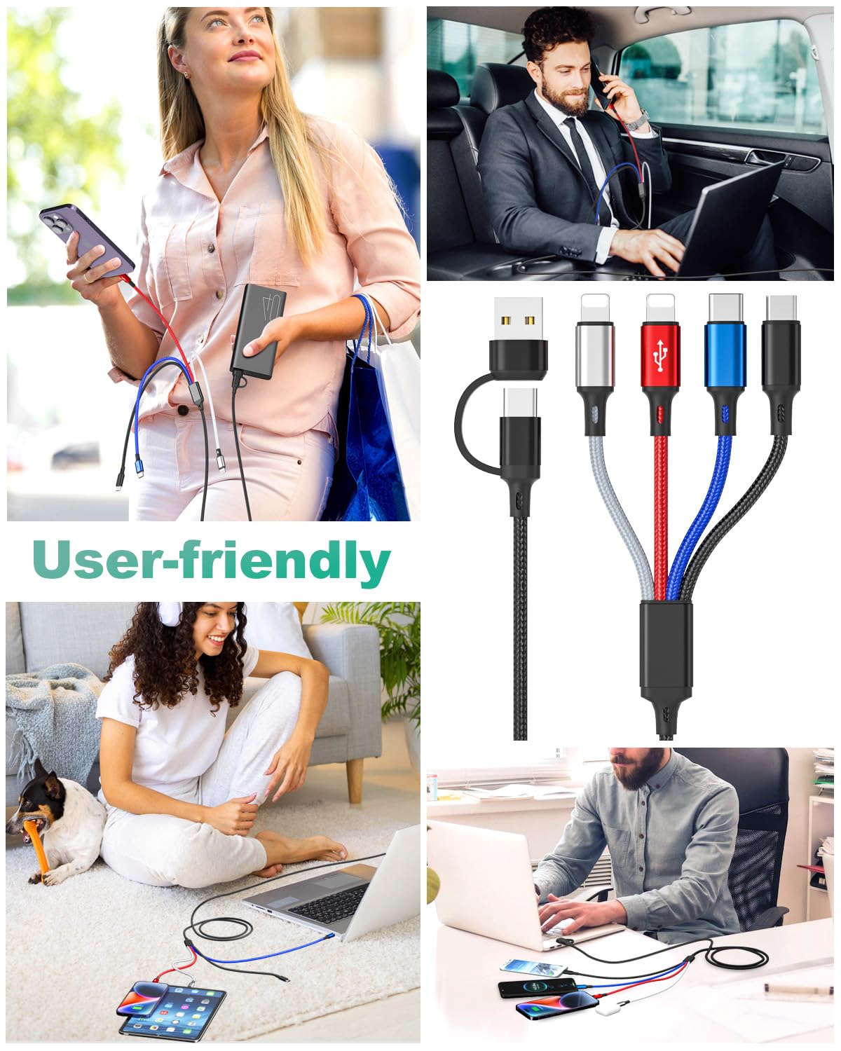 HanCenDa 4 in 2 Multi Charging Cable, 3Pack 6FT Multiple Chargers for All Devices Nylon Braided USB A/C to 2*Lighting/Typc C/Micro USB Port Universal Multi USB Charger Cords for iPhone 16/15