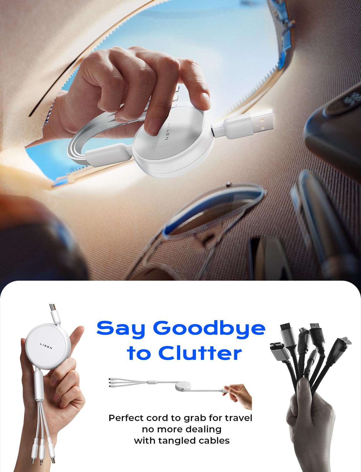 LISEN Multi Charging Cable, 3 in 1 Charging Cable, Retractable Car Charger with Type C/L/Micro USB Ports for iPhone 16 15 14 Pro Max/Samsung Galaxy S25/PS/Kindle, Multi Chargers for All Devices, White