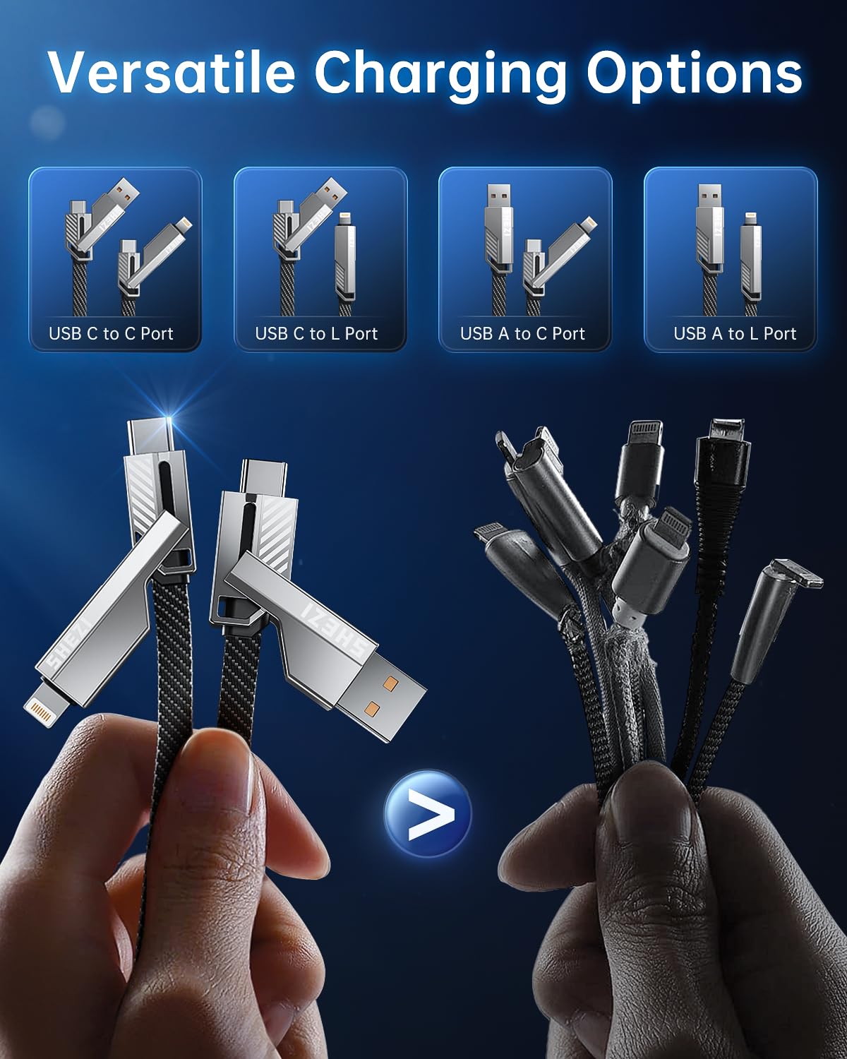 [One is Enough] 4-in-1 Compatible with USB C to Lightning Cable, 60W High-Speed Charging & Fast Data Transfer,CarPlay & Android Auto Support Multi Charger Cord Combo for iPhone/Samsung/iPad,3FT