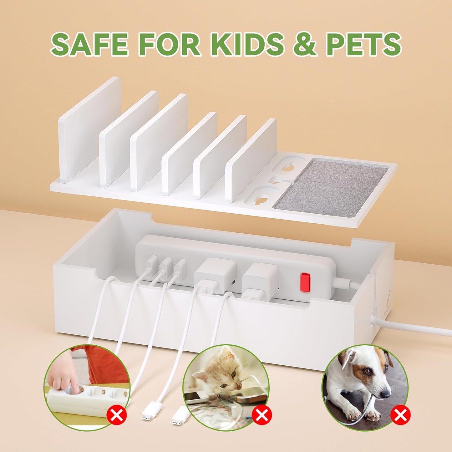 Pezin & Hulin Multi Charger Station Organizer Rack, Bamboo Cable Management Box, Power Strips and Cord Hider, Nightstand Device Organizer (Include 6 Cables)(No Power Charging Supply) -White