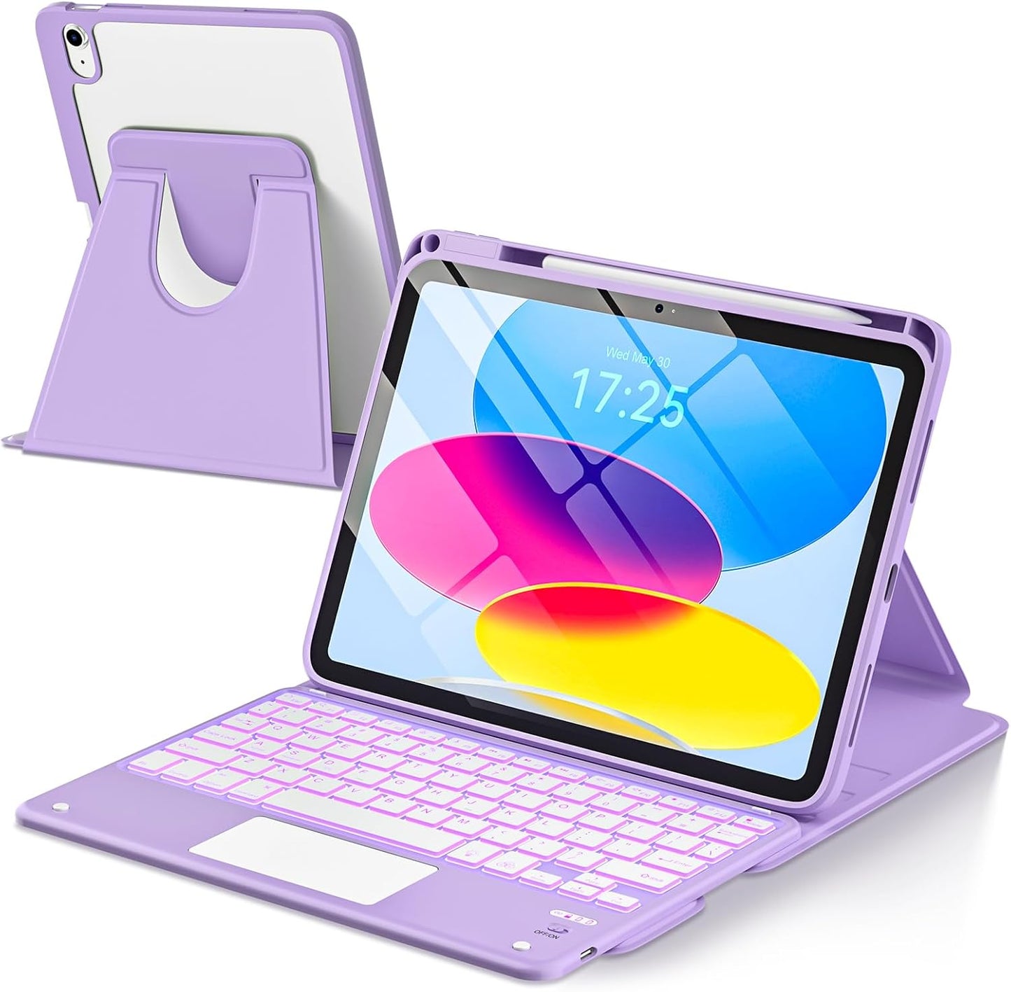 TaIYanG Touchpad for iPad A16 11th/10th Generation Case with Keyboard, 7 Color Backlit 360 Rotation Cover with Pencil Holder,Detachable Keyboard for iPad 11 inch 2025/10th Gen 10.9'' 2022 (Purple)