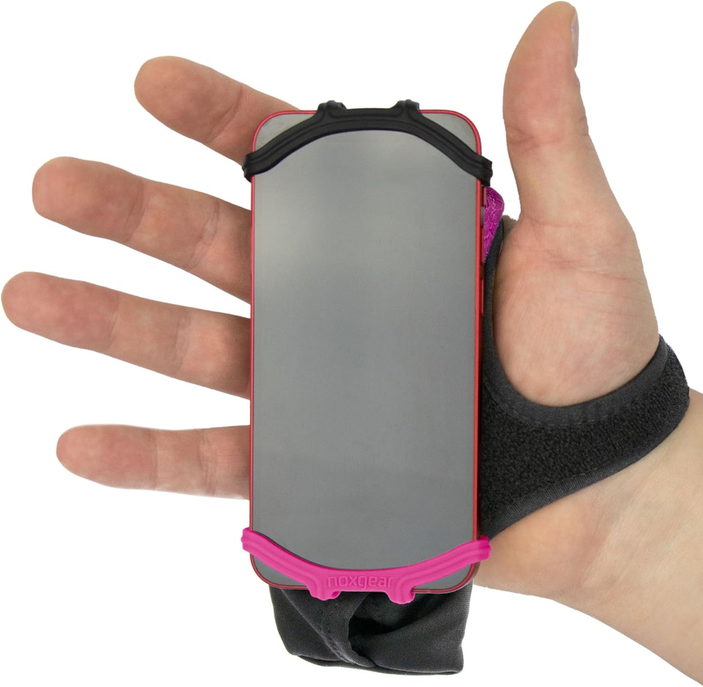 Noxgear Hand Held Phone Holder - Handheld Grip Phone Holder with Key Fob & Card Slot for Running, Jogging & Working Out - Compatible with All Phones - Machine Washable (Raspberry, Right Hand)