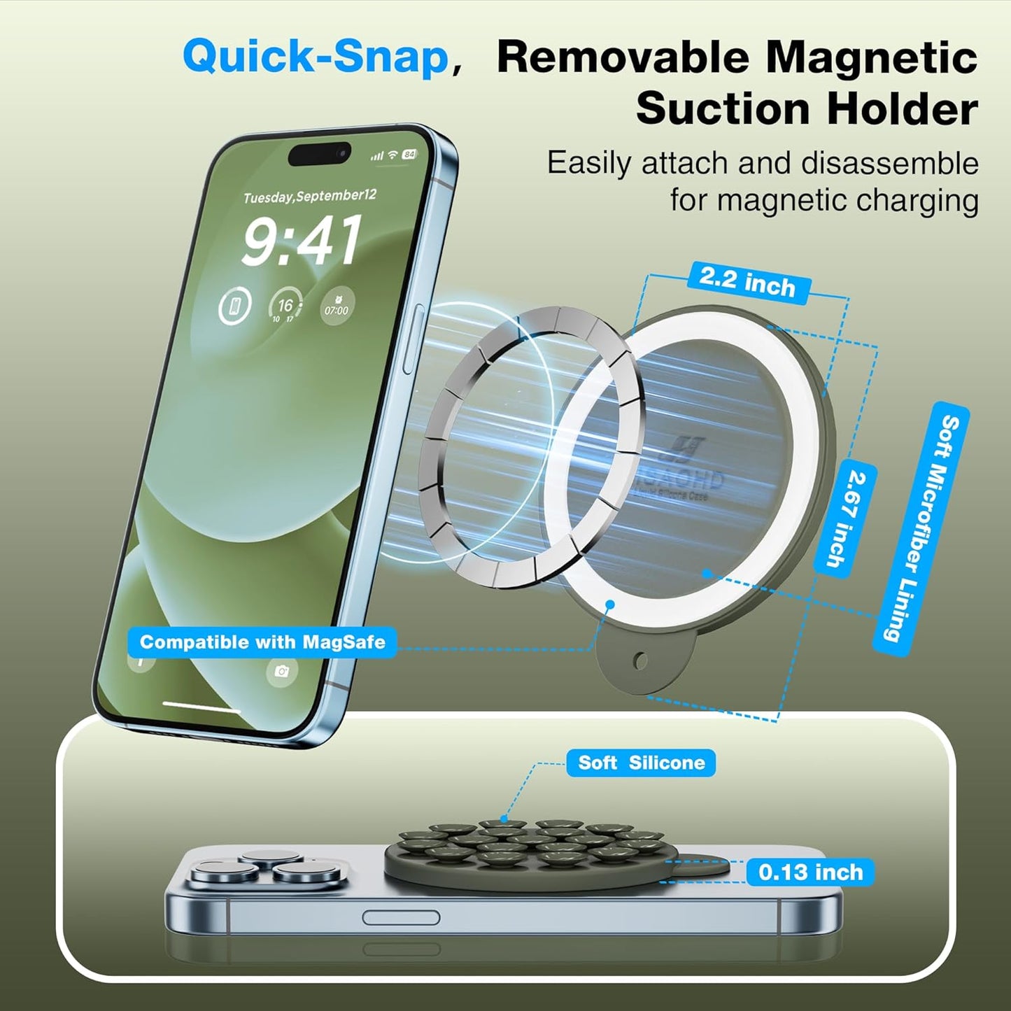 Magnetic Suction Cup Phone Mount for MagSafe Case, Silicone Hands-Free Phone Grip Holder for iPhone and Android, Mirror Shower Phone Stand for Makeup FaceTime Gym Kitchen Bathroom, Olive Green