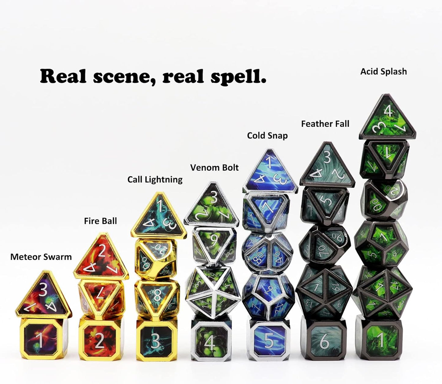 Haxtec Metal Dice Set D&D Acid Splash Real Scene Black Green Polyhedral DND Dice W/PU Leather Dragon Eye Dice Bag for TTRPG Compatible with Dungeons and Dragons Gifts