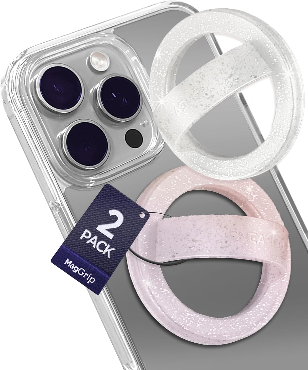 2-Pack Magnetic Phone Grip Holders Compatible with MagSafe, Soft-Touch Silicone Finger Loops for iPhone, Comfortable and Secure Fit (Clear Sparkle & Unicorn Gradient)