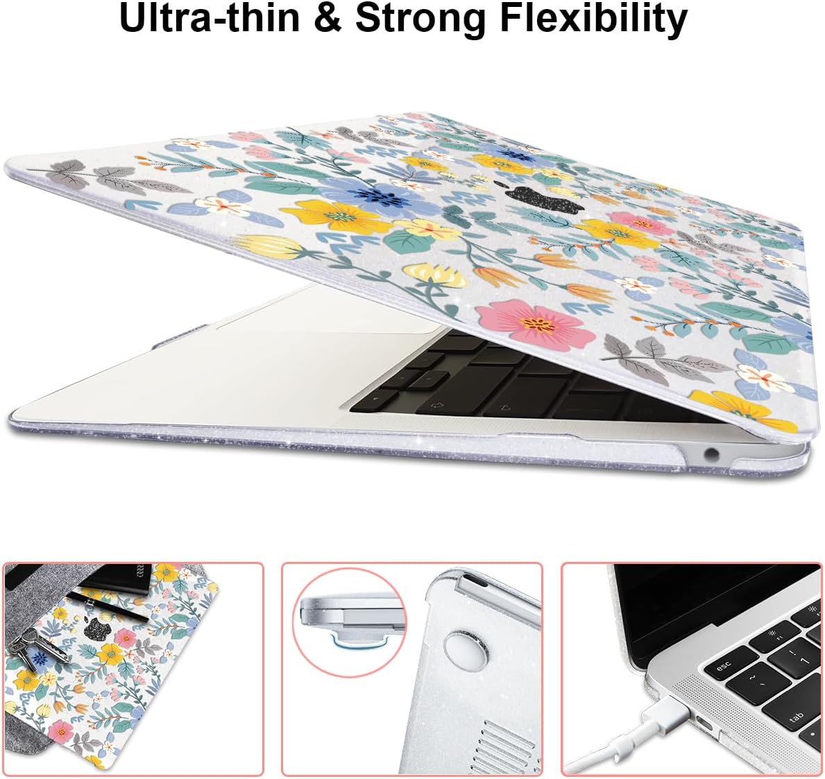 Compatible with MacBook Air 13 Inch M1 Case 2021 2020 2019 2018 Release A2337 A2179 A1932 Touch ID, Shiny Crystal Pattern Plastic Hard Shell Case Keyboard Cover Screen Film, Flowers L213