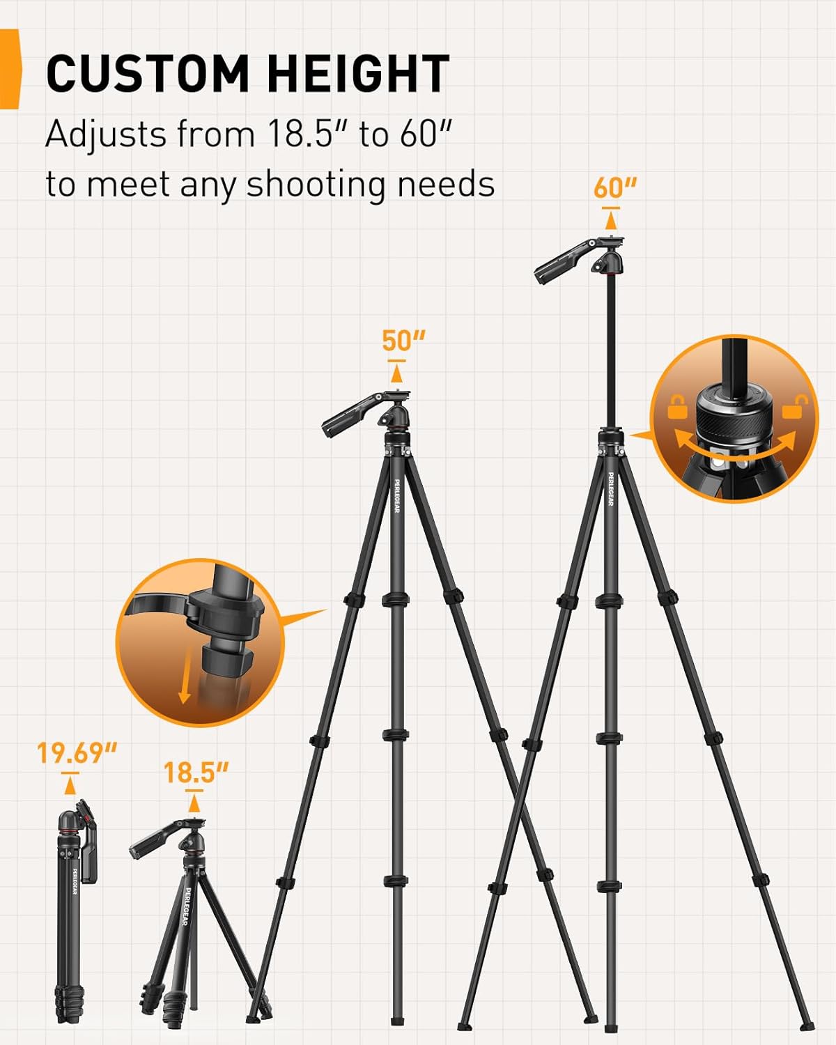 Perlegear Camera Tripod, 60″ Portable and Height-Adjustable, Travel Tripod with 13.2 lbs Max Load, Phone Camera Stand Heavy Duty for Video Recording, PGIPE01