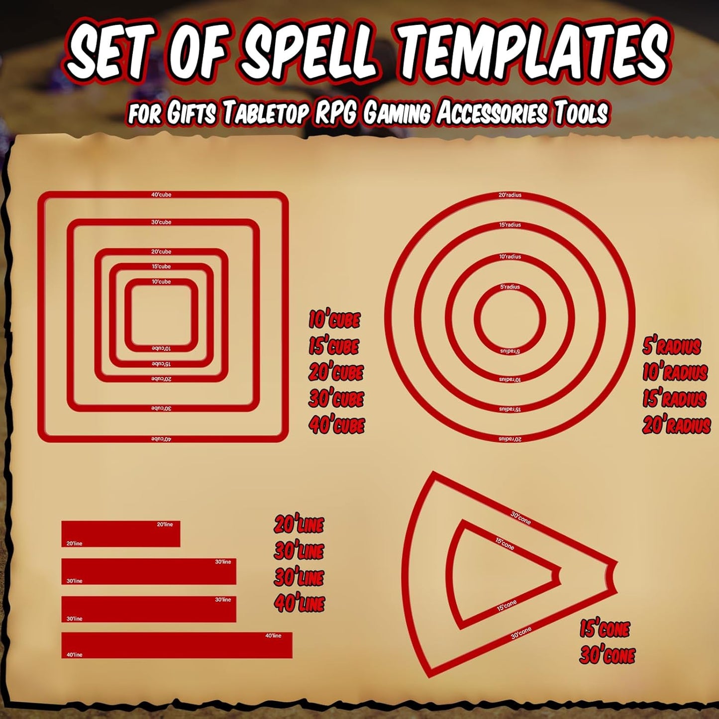 Sintuff 15 Pcs Spell AOE Damage Template Translucent Acrylic Area of Effect Spell Set Include 5 Cube 4 Circle 2 Cone 4 Line Templates for Gifts Tabletop RPG Gaming Accessories(Red)