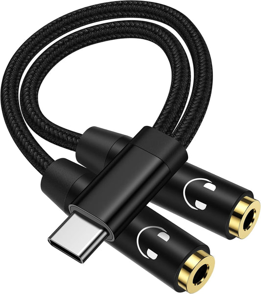 Headphone Splitter for 2 Headphones, USB C to Dual 3.5mm Female Aux Splitters for iPhone 17 17 Pro 16e, Google Pixel 10, Samsung Galaxy S25 Ultra, Audio Jack Adapter Earphone Connector - Black