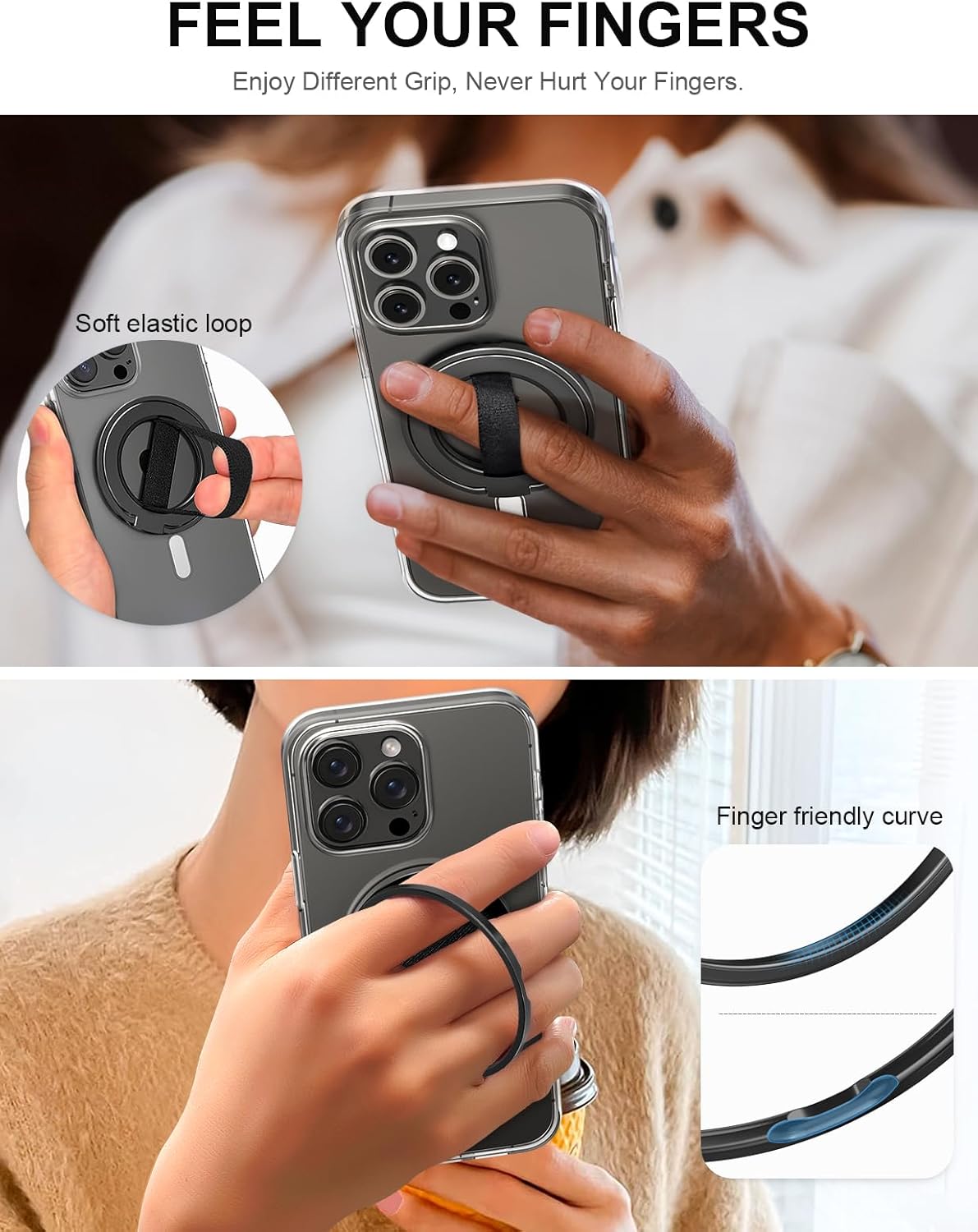 EWA MagOne Ultra Phone Grip Stand with Replaceable Elastic Finger Loop, Removable Magnetic Ring Holder Kickstand Loop, Double-Sided Magnetic Accessories for iPhone 16, 15, 14, 13 Pro/Max/Plus-Black