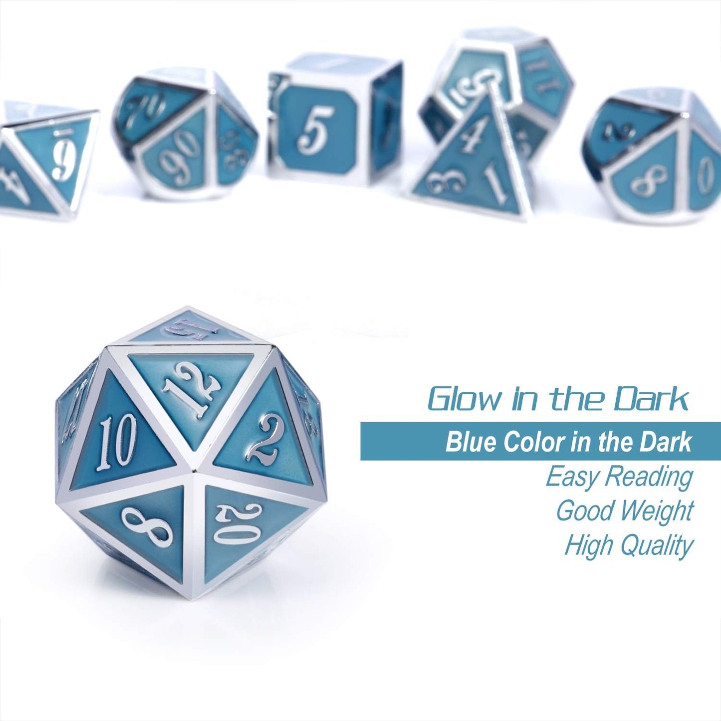 DnDnD Glowing DND Metal Dice Set,Luminous Blue Metal Dice for Role Playing Game Dungeons and Dragons RPGs and Other Table Games