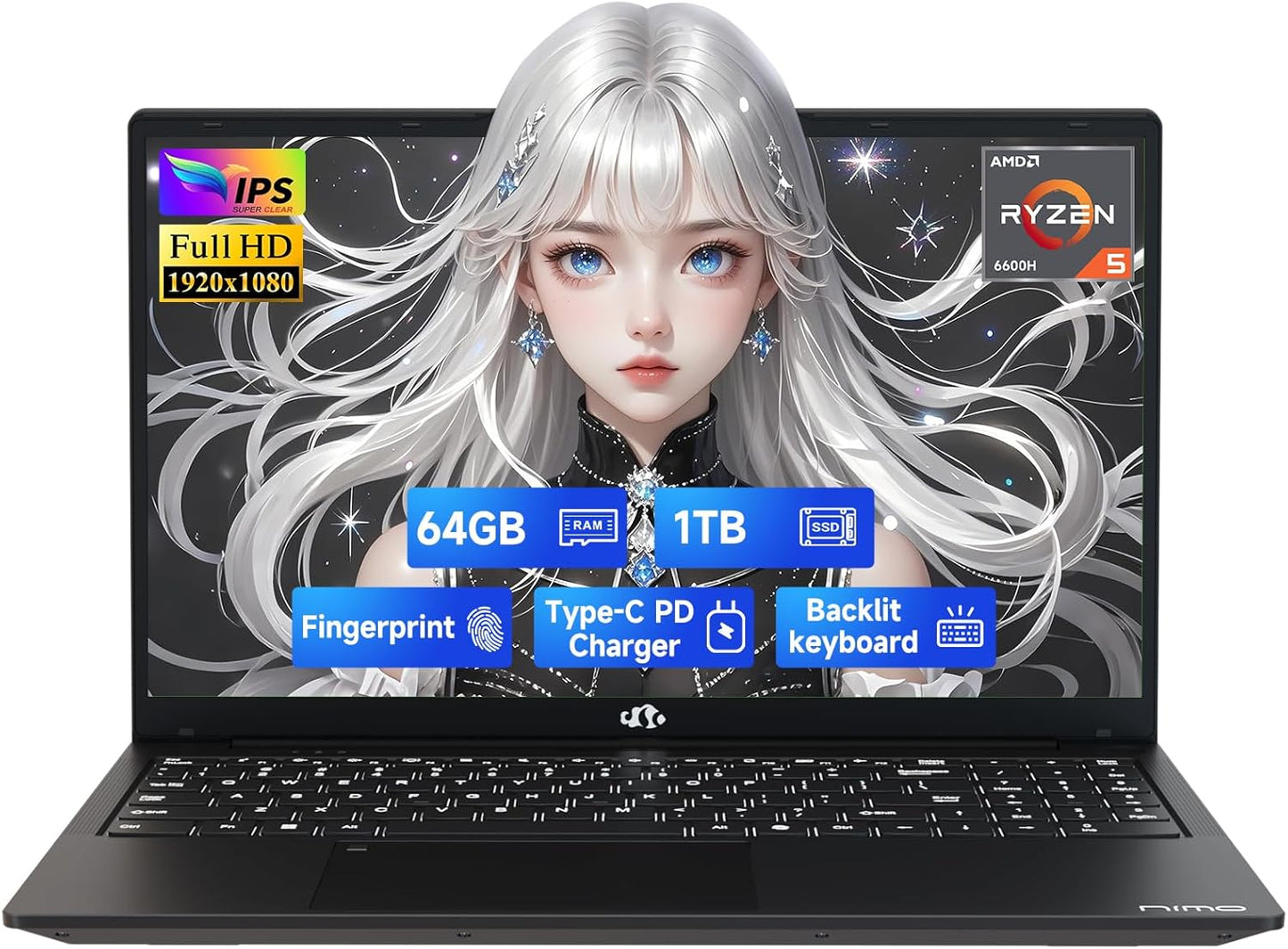 NIMO 15.6" IPS FHD-Gaming-Laptop, AMD Ryzen 5 6600H 6 Cores 64GB DDR5 RAM 1TB SSD (Beat i7-1165G7, Up to 4.5GHz) Radeon 660M GPU-Computer with Backlit Keyboard 100W Type-C Fingerprint Win 11