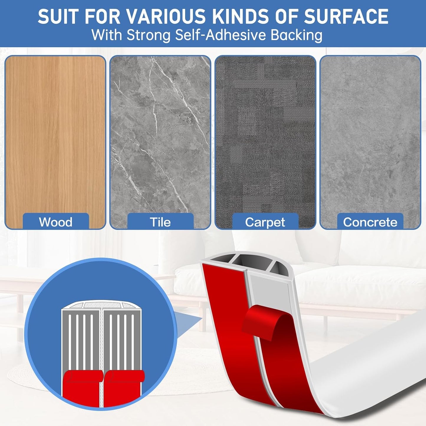 Floor Cord Cover Self Adhesive Cord Hider Floor Extension Cord Covers for Floor Power Cord Protector Cable Management Prevent Cable Trips Cable Cavity 0.59" W x 0.31" H (White, 3.3Ft)