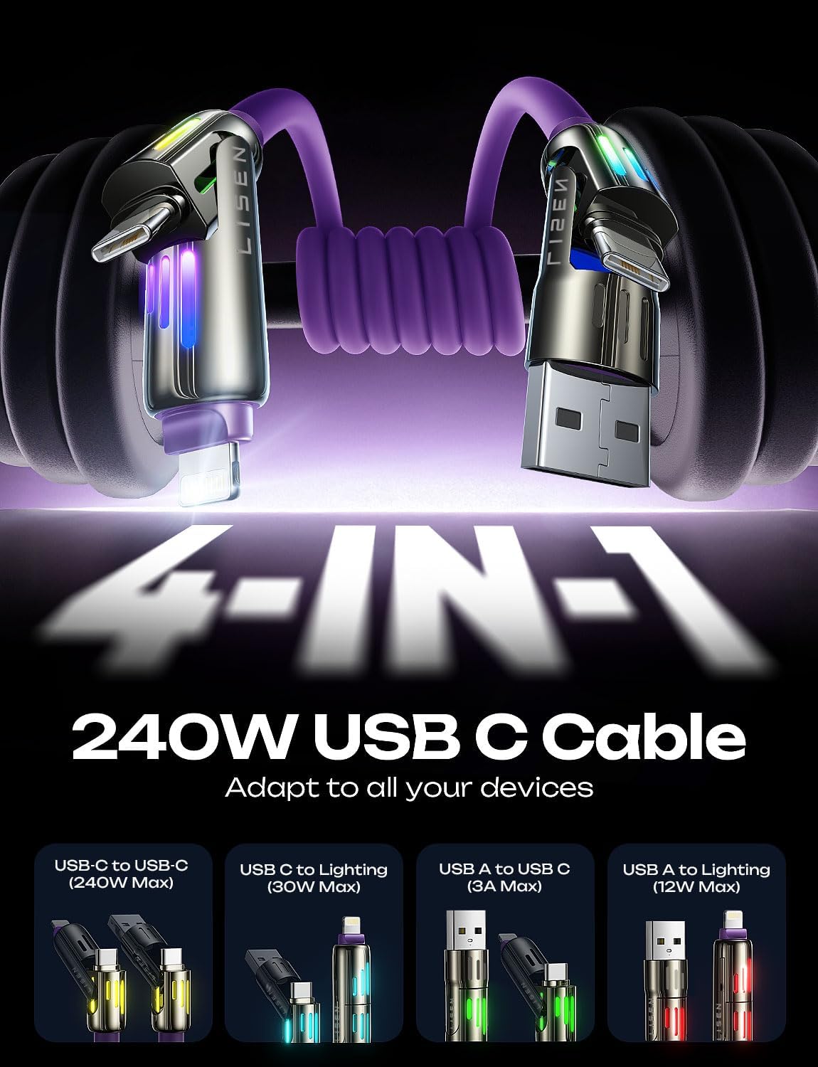 LISEN 240W Chubby USB C to USB C, 4 in 1 Charging Cable (6.6FT) with Light, USB A/C to C/L Multi Charging Cable for iPhone 16 15 14 Pro Max/MacBook/iPad Pro/SamSungS24,Purple