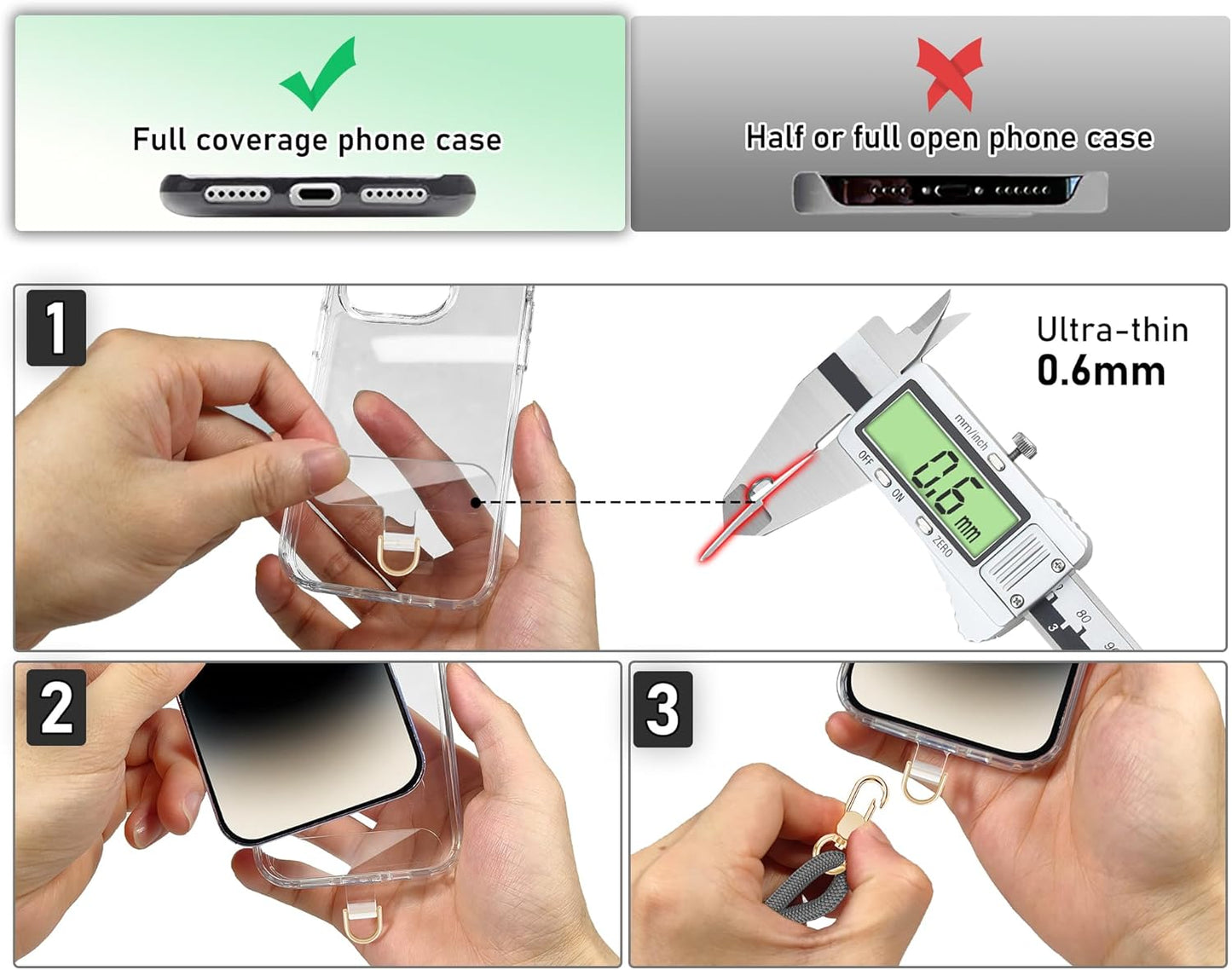 Cell Phone Lanyard Adjustable Crossbody Phone Lanyard *1 Phone Wrist Strap *1 with Deluxe Gold Matal Buckle + Clear Tether Tabs *2 for Shopping Travelling Hiking(BLACKGRAY)