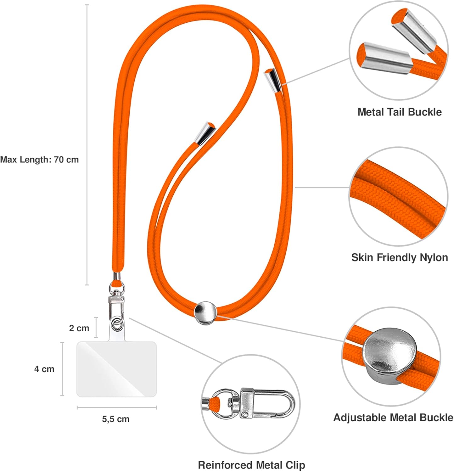 Cell Phone Lanyard [Orange] - Comfortable Universal Smartphone Lanyard - Easy to Use Neck Phone Holder [Clear Patch] - Adjustable Length Phone Strap Crossbody - Fits All Mobile Phones