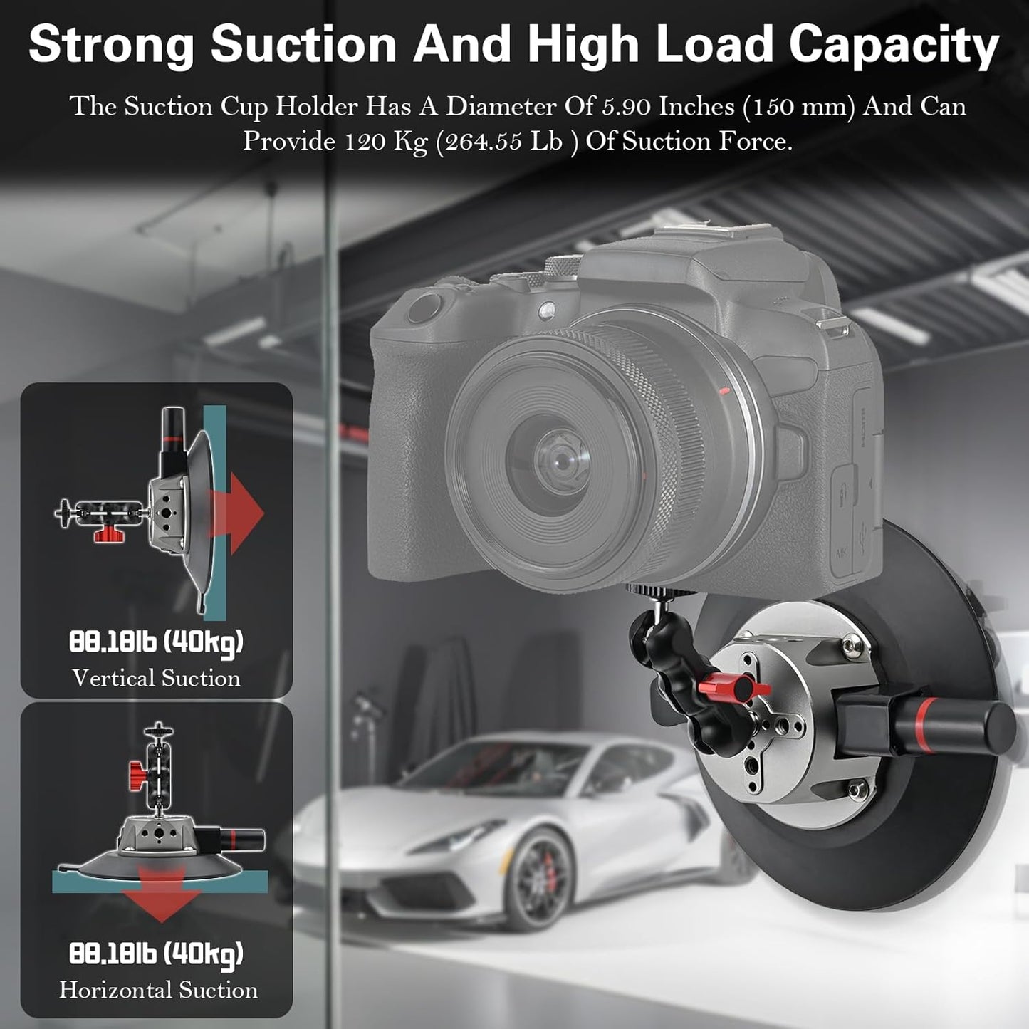 Suction Cup Camera Mount with Ball Head Magic Arm, 5.9"/15cm Air Pump Vacuum Camera Suction Mount on Car Windshield Dash for Action Cameras/Phone Holder, with 1/4" & 3/8" Mounting ARRI Holes