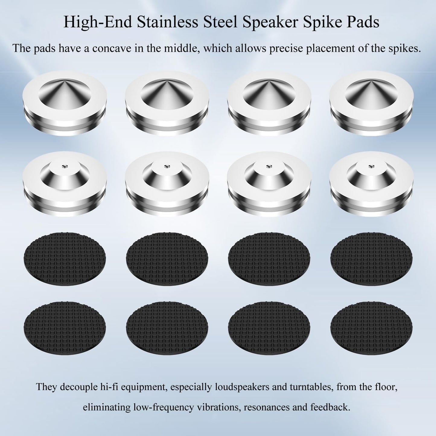 Audiocrast 4X HiFi Speaker Spikes, Isolation Stand Feet Pad, Stainless Steel Shock Absorber Vibration Dampener with Non-Slip Mats for Audio Speaker Subwoofer CD DVD Amplifier Turntable DAC
