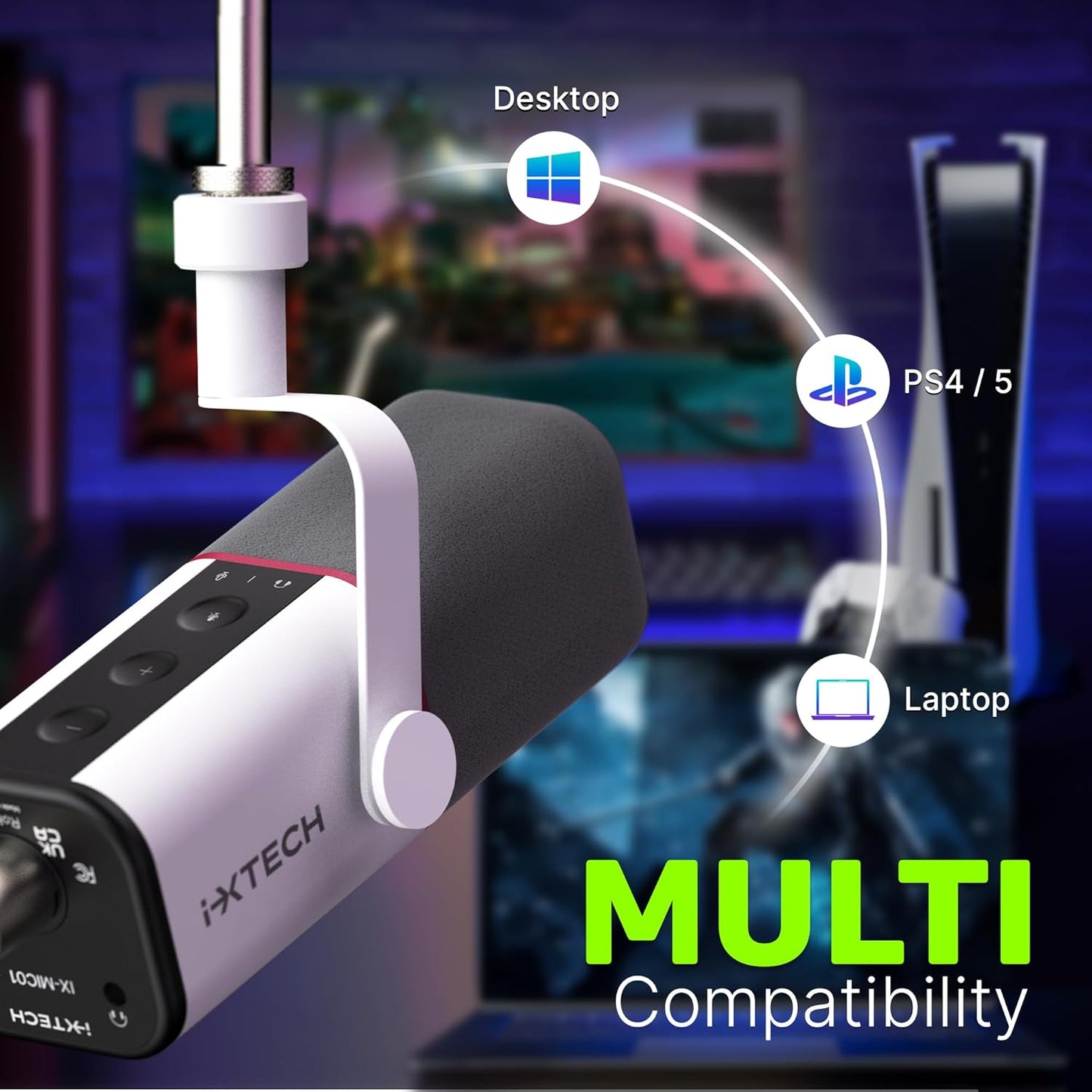 IXTECH Cardioid Dynamic Microphone with Mic Cover, Vocal USB XLR Microphone for Podcasting, Streaming, Recording, Gaming and Voice-Over (White)