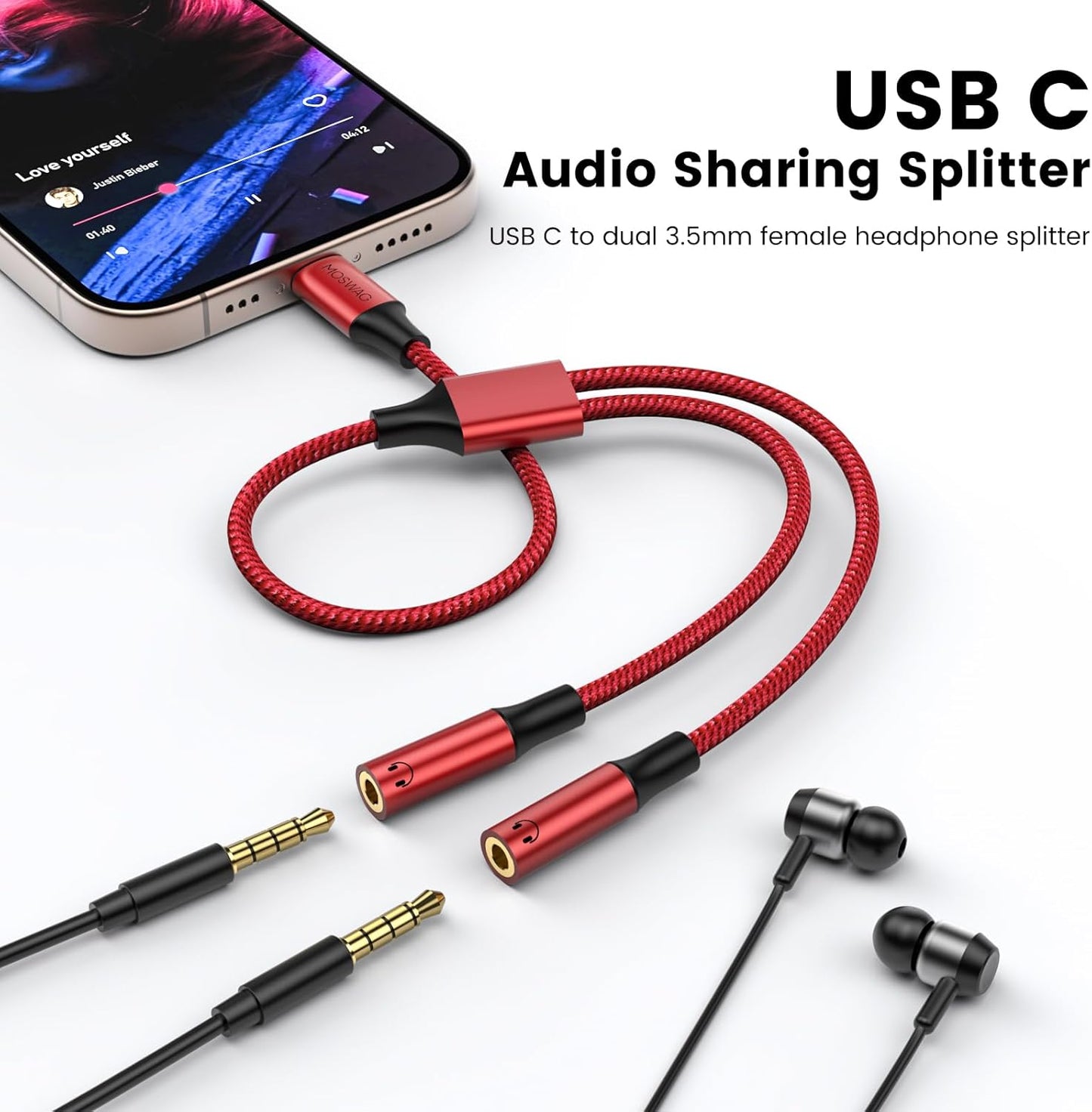 MOSWAG Type C to Dual 3.5mm Aux Headphone Jack Adapter, Hi-Res 2 Way Audio Y Cable Cord Compatible with iPad Samsung S23 S22 Google Pixel 7 6 Pro 5