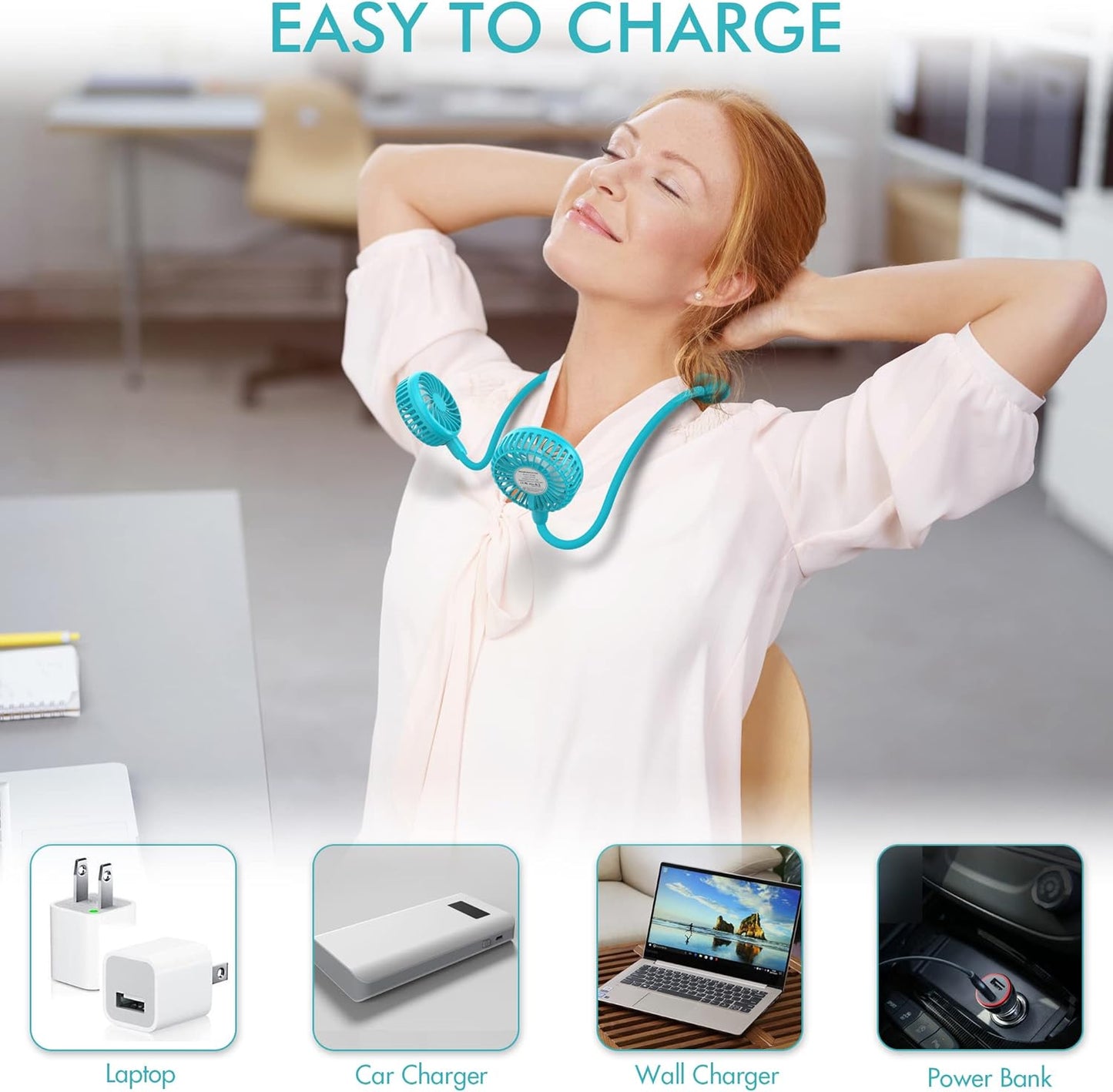 Portable Neck Fan, 2600mAh Battery Operated, Ultra Quiet Hands Free USB Fan with 3 Speeds, Strong Wind, 360° Adjustable High Flexibility Wearable Personal Fan for Sport Office Outdoor Travel (Cyan)