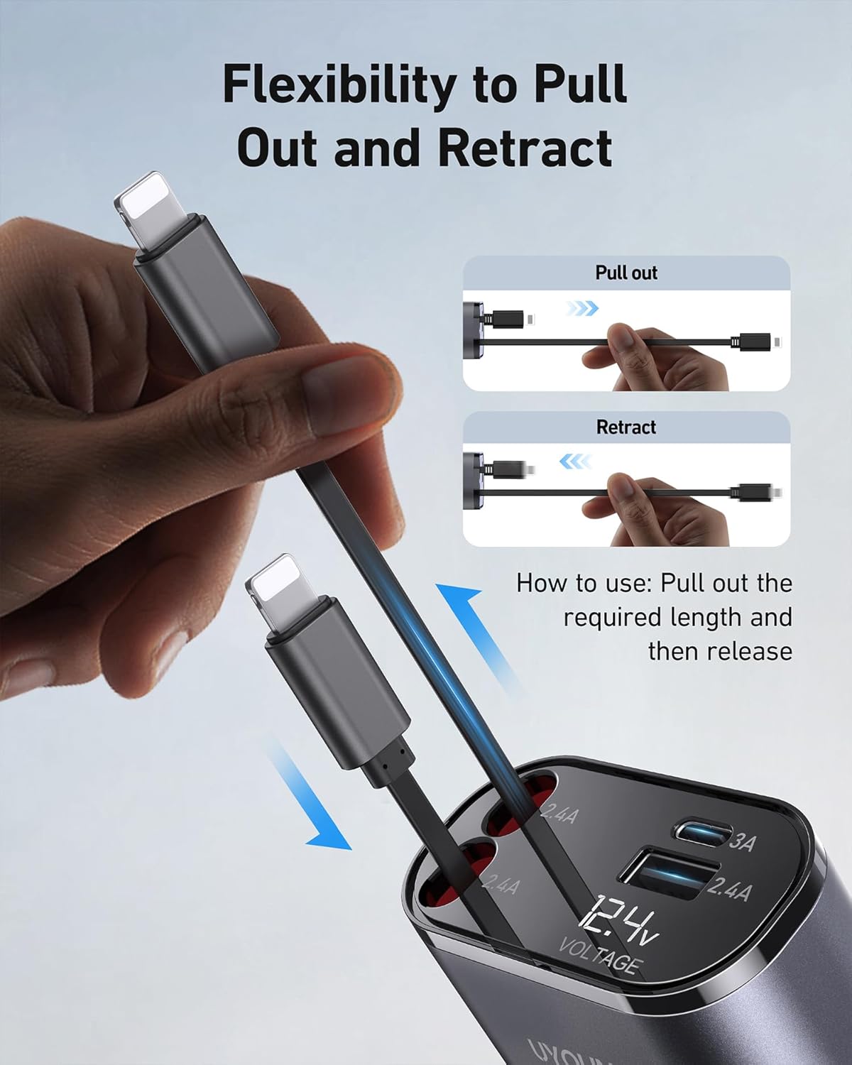 iPhone Car Charger 4 in 1 Fast USB Car Phone Charger 20W Double Lightning Retractable Cables 31.5 Inch and 2 USB Ports Car Charger Adapter for iPhone 14/13/12 Pro Max/XR/XS,Samsung,Pixel,iPad