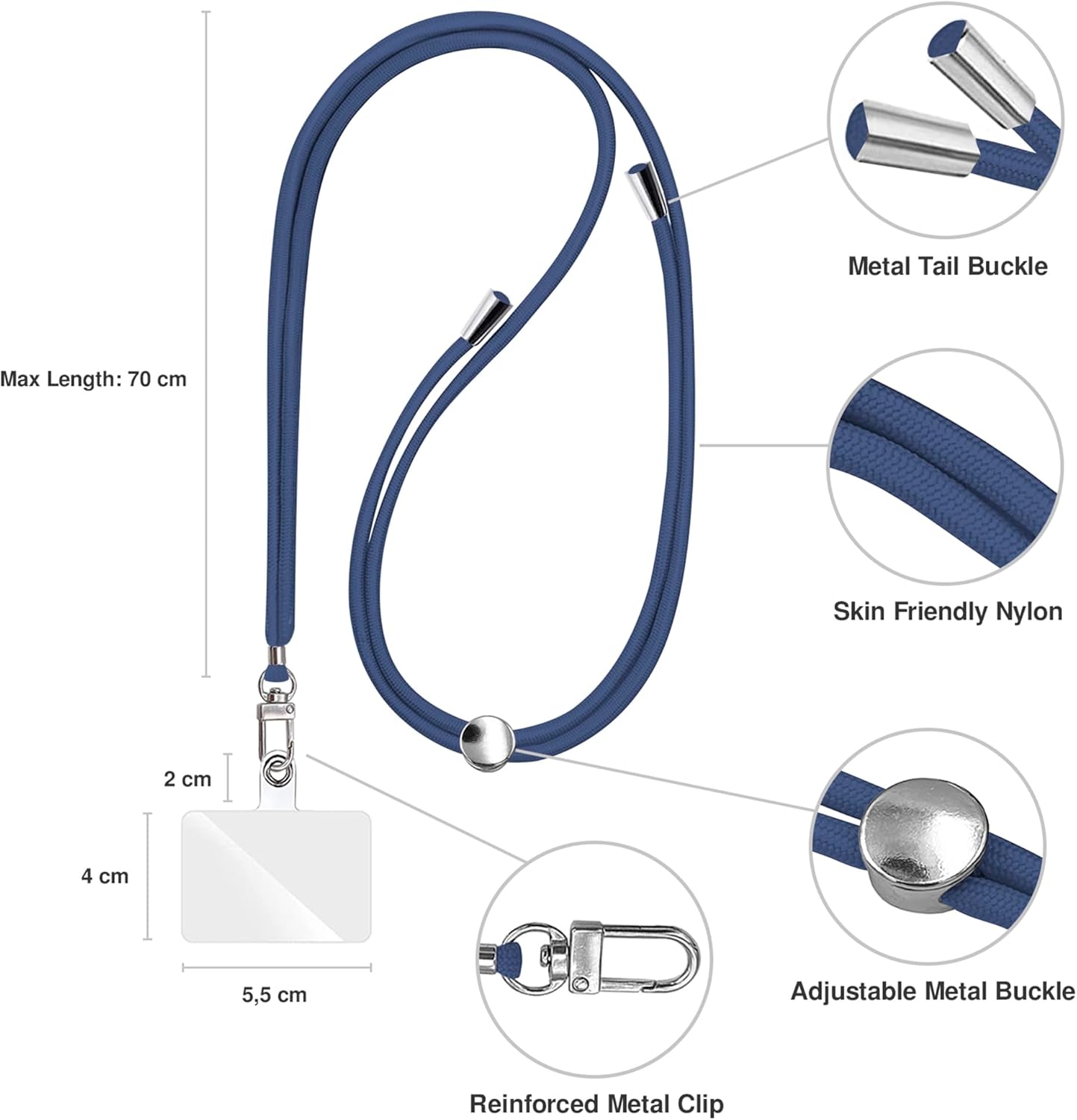 Cell Phone Lanyard [Navy Blue] - Comfortable Universal Smartphone Lanyard - Easy to Use Neck Phone Holder [Clear Patch] - Adjustable Length Phone Strap Crossbody - Fits All Mobile Phones