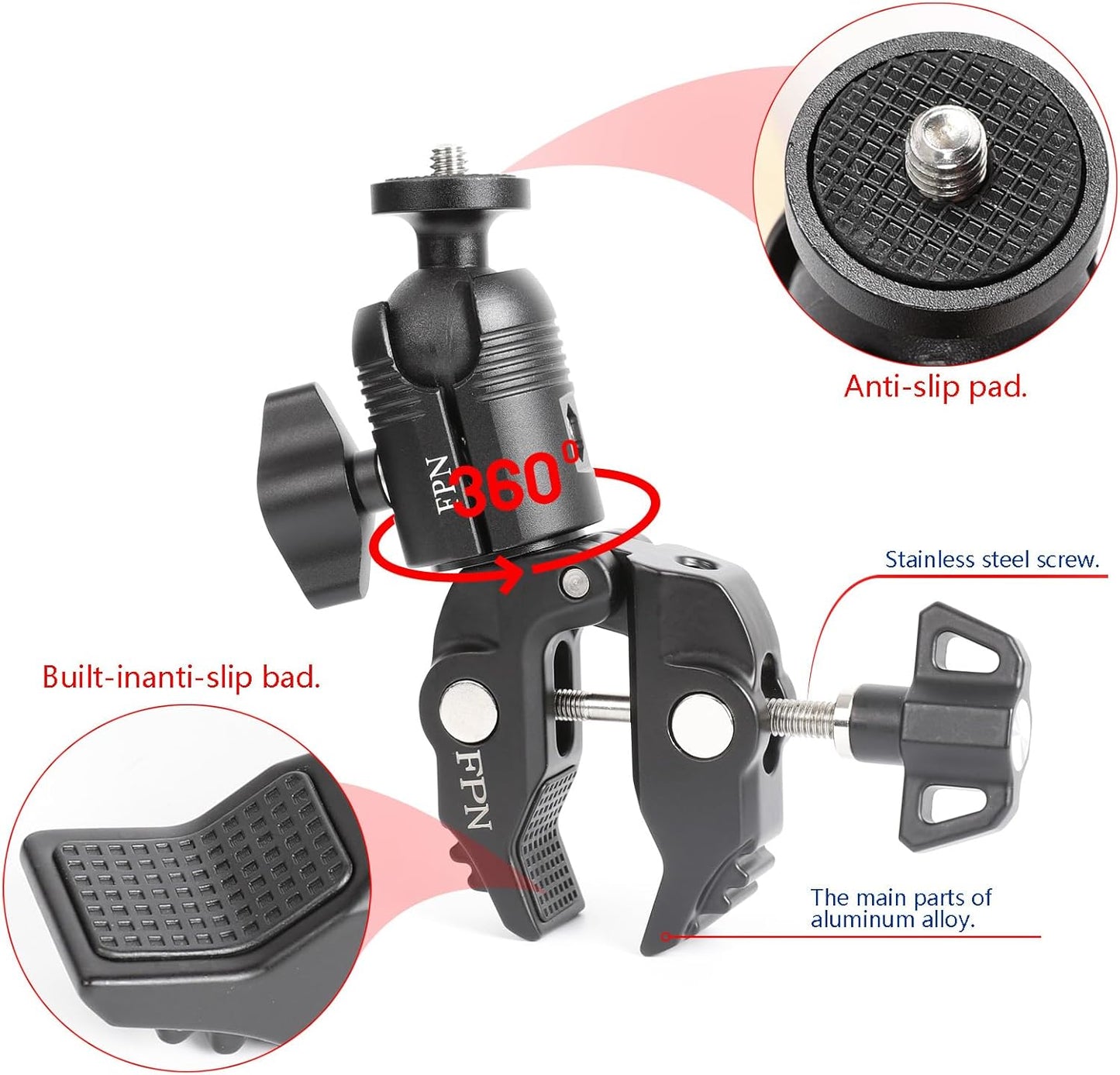 Aluminum Alloy Super Clamp Camera Mount with 360° Ball Head for Bike/Motorcycle Handlebar Pole Tripod Rod 0.5-2.0" Diameter, Compatible with GoPro, Insta360 X5 X4, DJI Osmo Action 5 Pro, Pocket 3