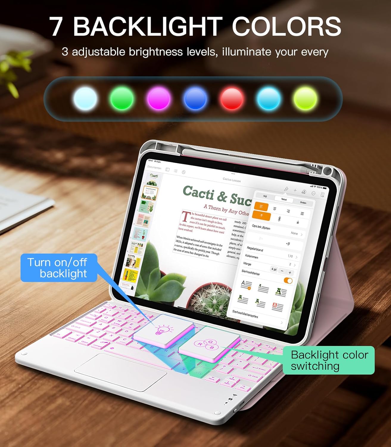 MoKo Touch Keyboard Case for iPad (A16) 11th Generation 11 inch 2025, iPad 10th Generation 10.9 inch Case with Pencil Holder, 7 Colors Backlit Multi-TrackPad Detachable Bluetooth Keyboard,Nosegay Pink