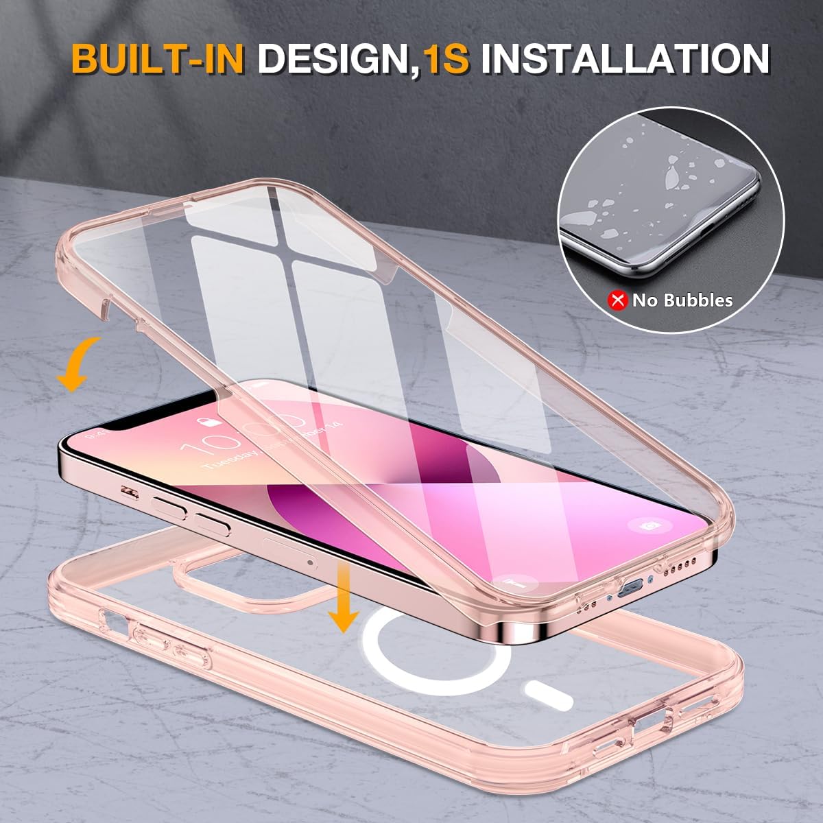 Miracase for iPhone 13 Case 6.1'', [Bubble Free] Full-Body Bumper Phone case with Built-in Full Glass Screen,No Gap,Compatible with MagSafe,Clear Pink