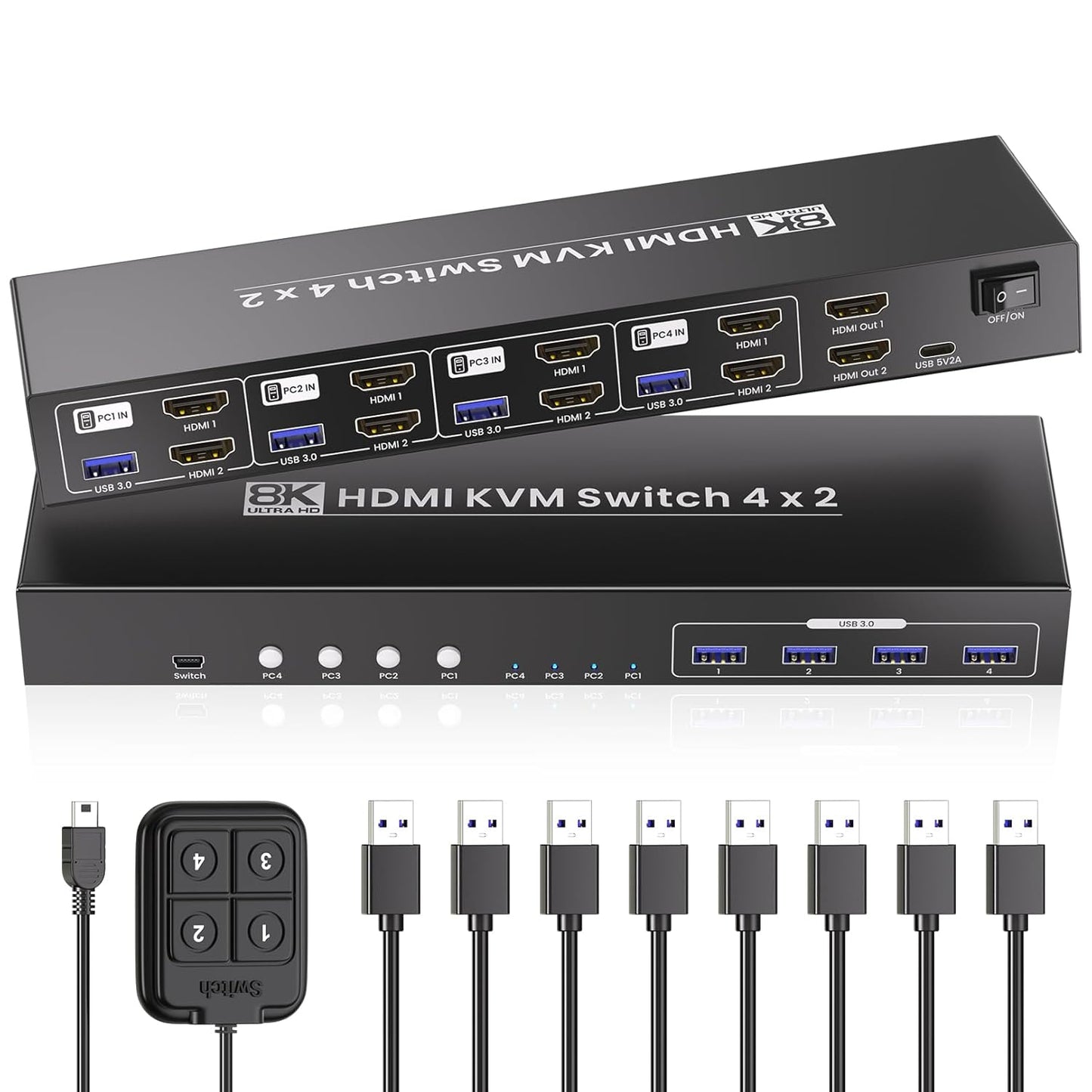 8K@60HZ 4K@120Hz HDMI KVM Switch 2 Monitors 4 Computers with 4 Port USB 3.0 Hub, 4 Port Dual Monitor HDMI KVM Switch for 4 Computers Share 1 Set of Keyboard, Mouse and 2 Monitors
