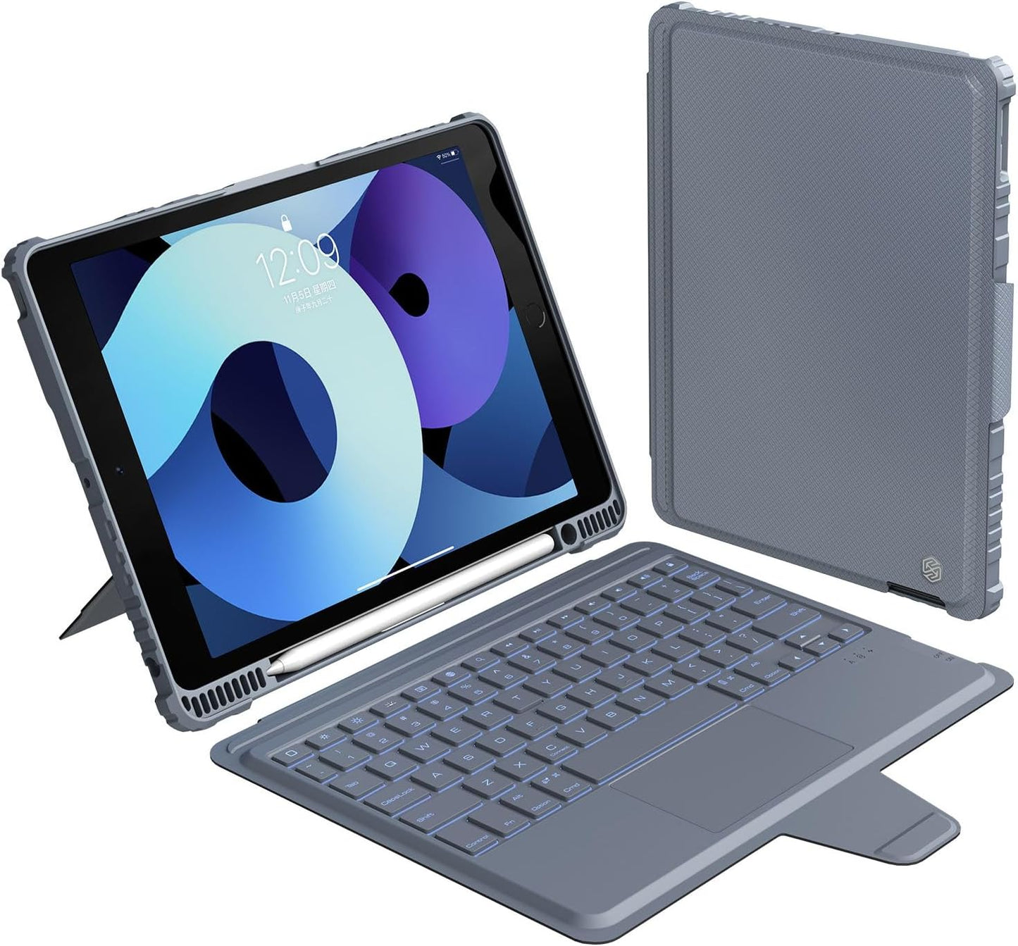 Nillkin iPad 9th Generation (10.2", 2021) Case with Detachable Keyboard, Magic Trackpad, 7-Colors Backlit, Portrait/Landscape Modes, Rugged Keyboard Case with Camera Cover for iPad 8th/7th Gen, Gray
