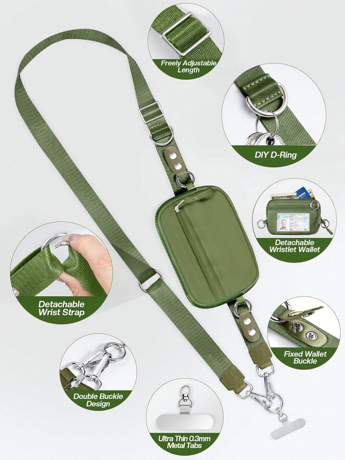 Clip and Go Strap for Phone with Wallet Crossbody Phone Lanyard Adjustable and Detachable RFID Wristlet Wallet with ID Window and Zipper, Green