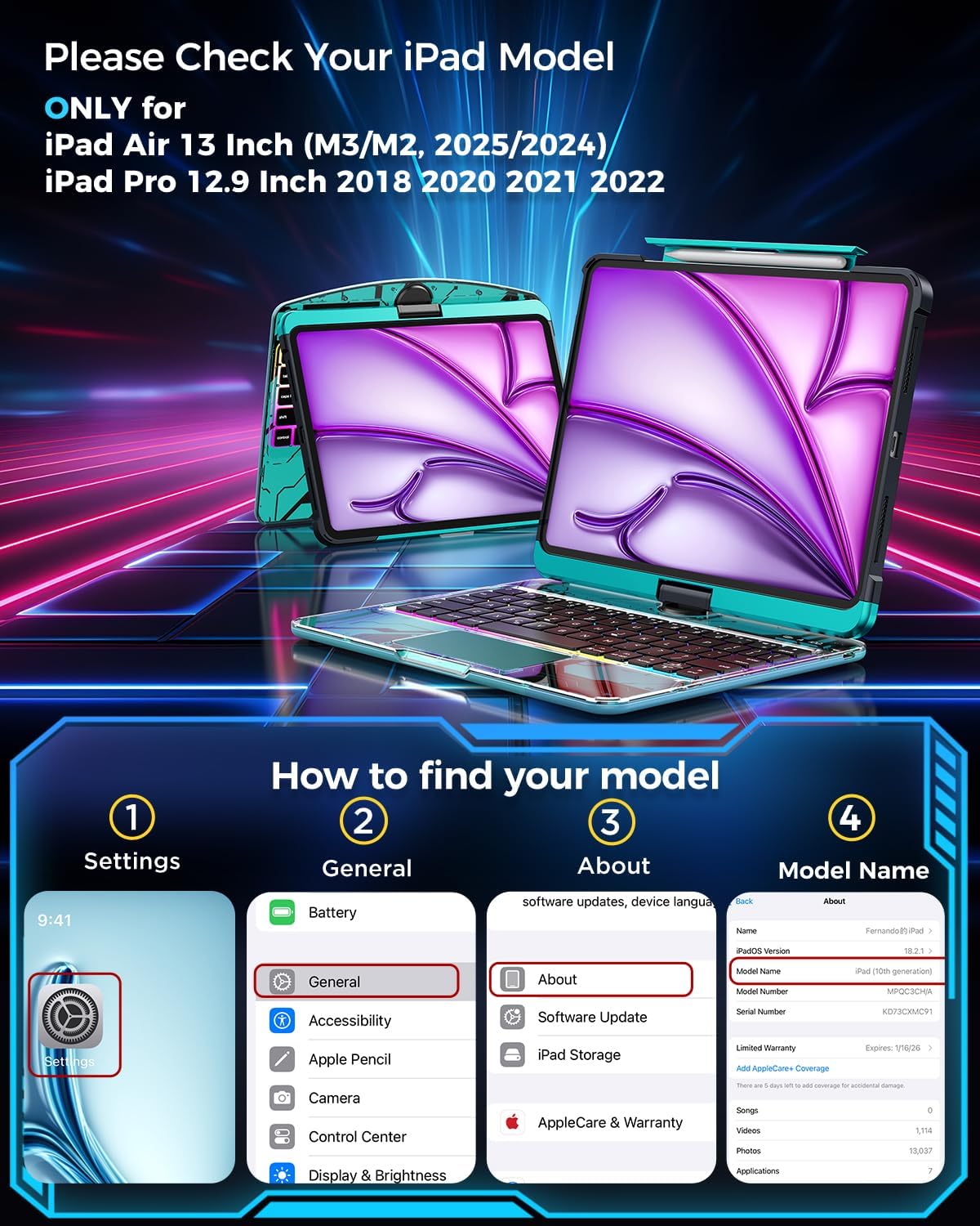 SIEBITU Clear Wireless Keyboard Case for iPad Air 13-inch (M3 2025/M2 2024) & iPad Pro 12.9-inch 6th 5th 4th 3rd Gen with Pencil Holder, Multi-Touch Trackpad & 7-Color Backlit, 360°Rotating, Blue