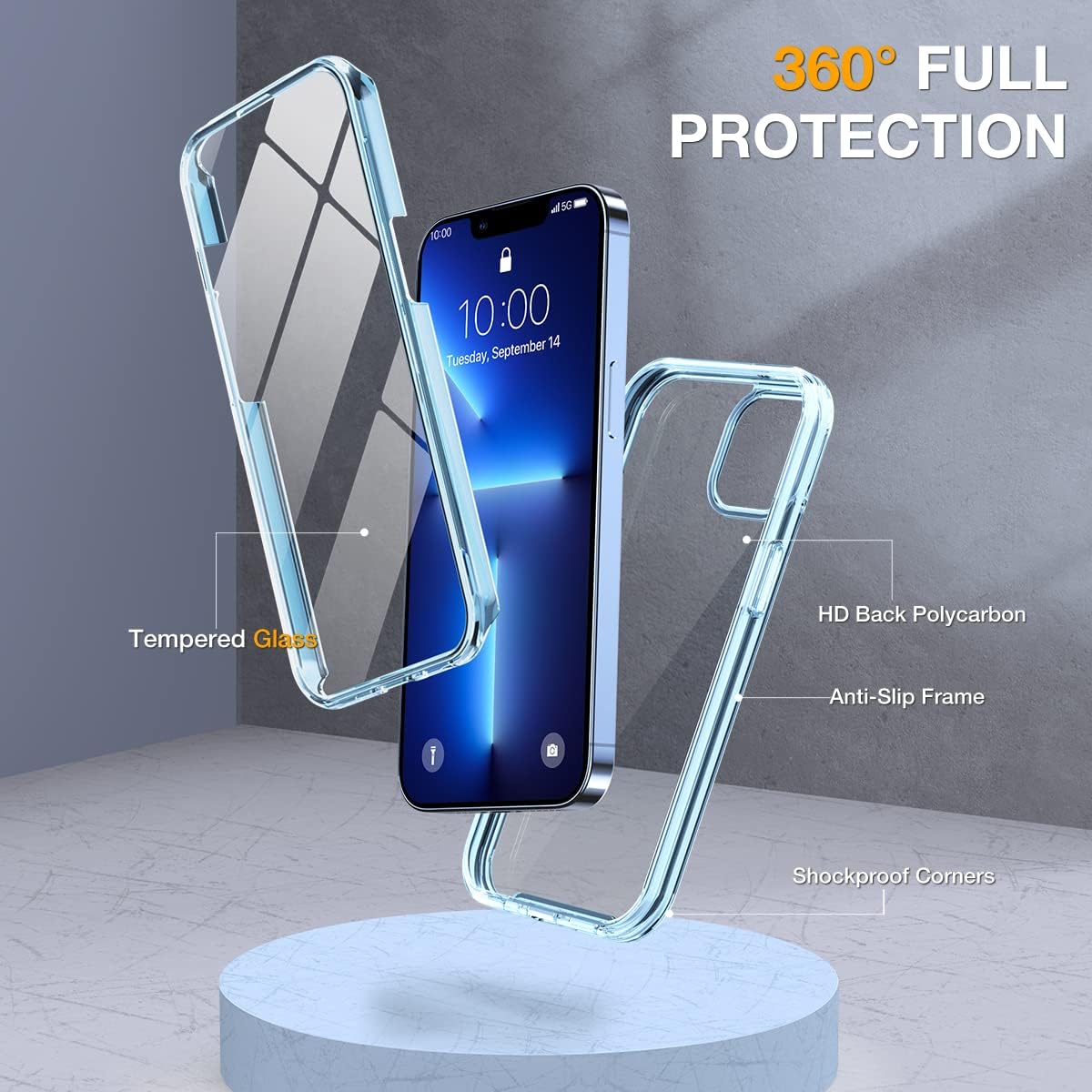 Miracase Glass Case for iPhone 13 Pro Max 6.7 inch, Upgrade Full-Body Clear Bumper Case with Built-in 9H Tempered Glass Screen Protector for iPhone 13 Pro Max, Clear Blue