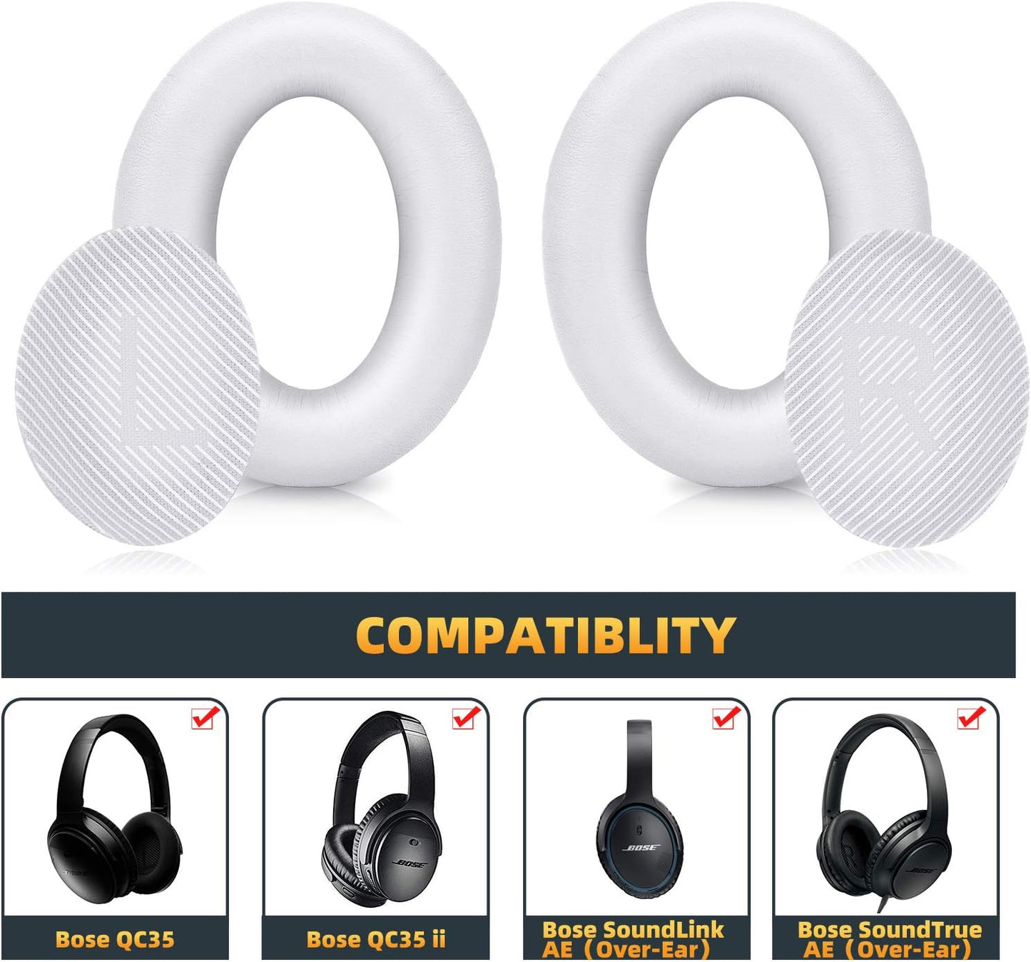 Premium Replacement Ear Pads Compatible for Bose QC35 & QC35ii Over-Ear Headphones Made by GEVO- Comfortable Adaptive Memory Foam and Extra Durable Earpads Kit for Bose QuietComfort 35 &35ii(White)
