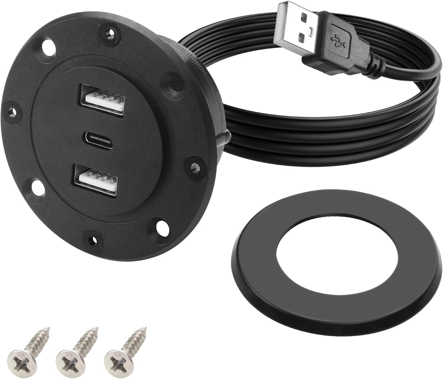 MEIRIYFA 3-in-1 Desktop Power Embedded Charger USB/Type C Desktop Station Mounts Charging Dual USB Multifunctional Desk USB Hub with 6.56 FT Power Cord for Bedside Table, Desks, Furniture