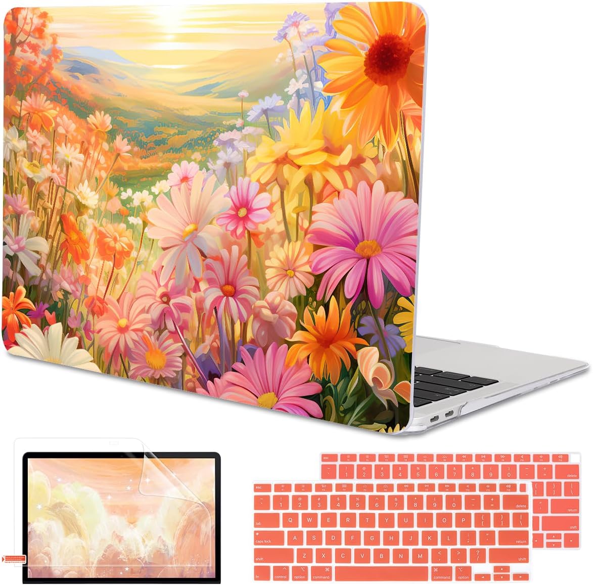 Compatible with MacBook Air 13 Inch Case 2021 2020 2019 2018 Release M1 A2337 A2179 A1932 Touch ID, Clear Plastic Hard Shell Case Keyboard Cover Screen Film, Watercolor Daisies