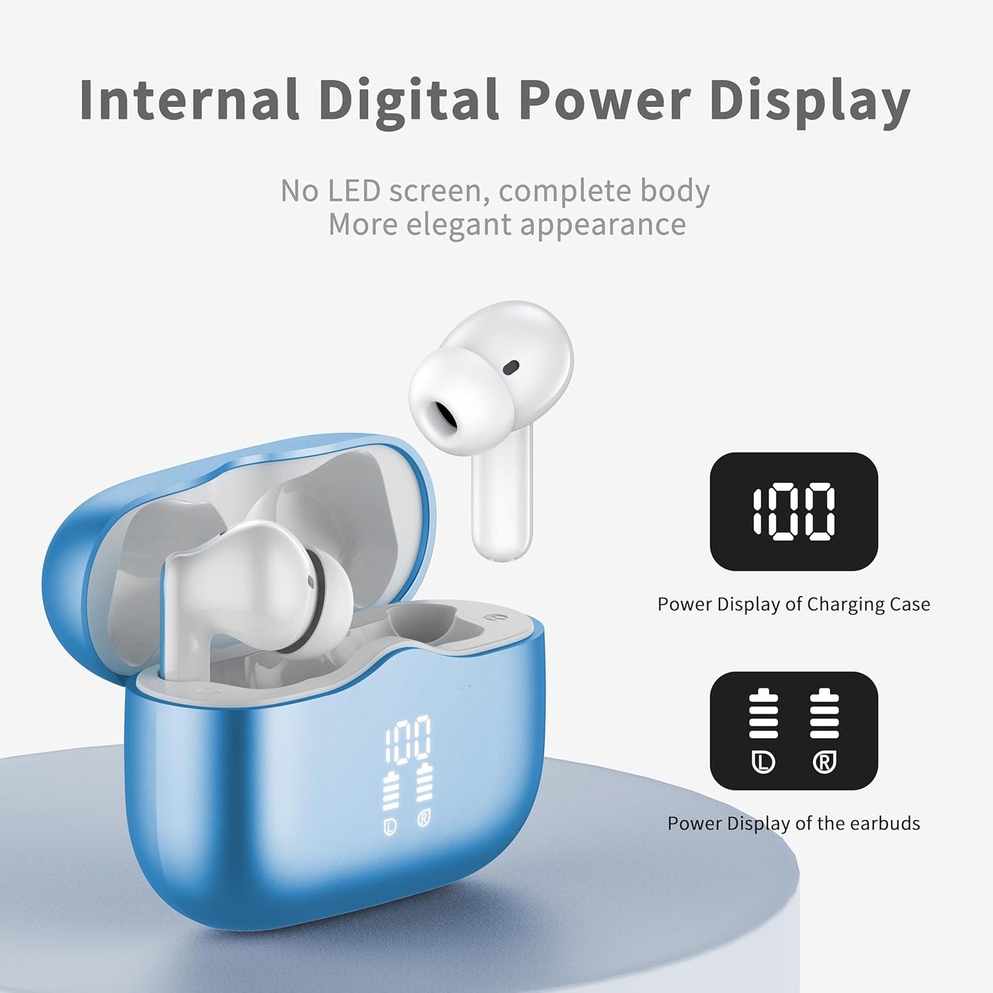 Wireless Earbuds, Bluetooth 5.4 Headphones in Ear with 4 ENC Noise Cancelling Mic, New Wireless Earphones HiFi Stereo Deep Bass 40H Playtime, In-Ear Bluetooth Earbuds LED Display IP7, USB-C, Lake Blue